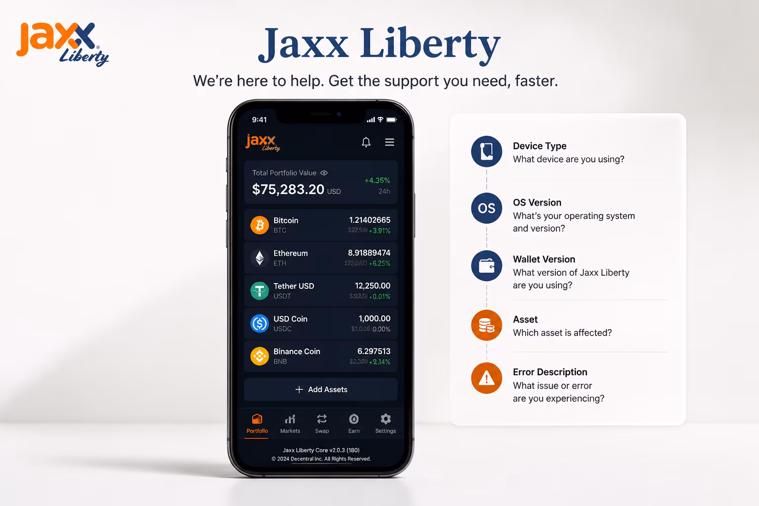 Key support details checklist shown in Jaxx Liberty wallet interface