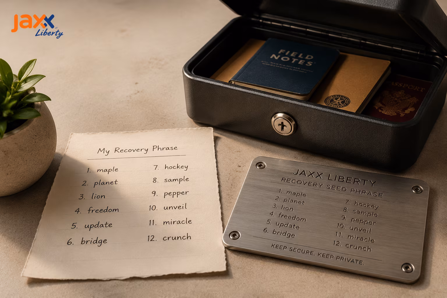 Paper notes and metal plates for secure crypto wallet backup