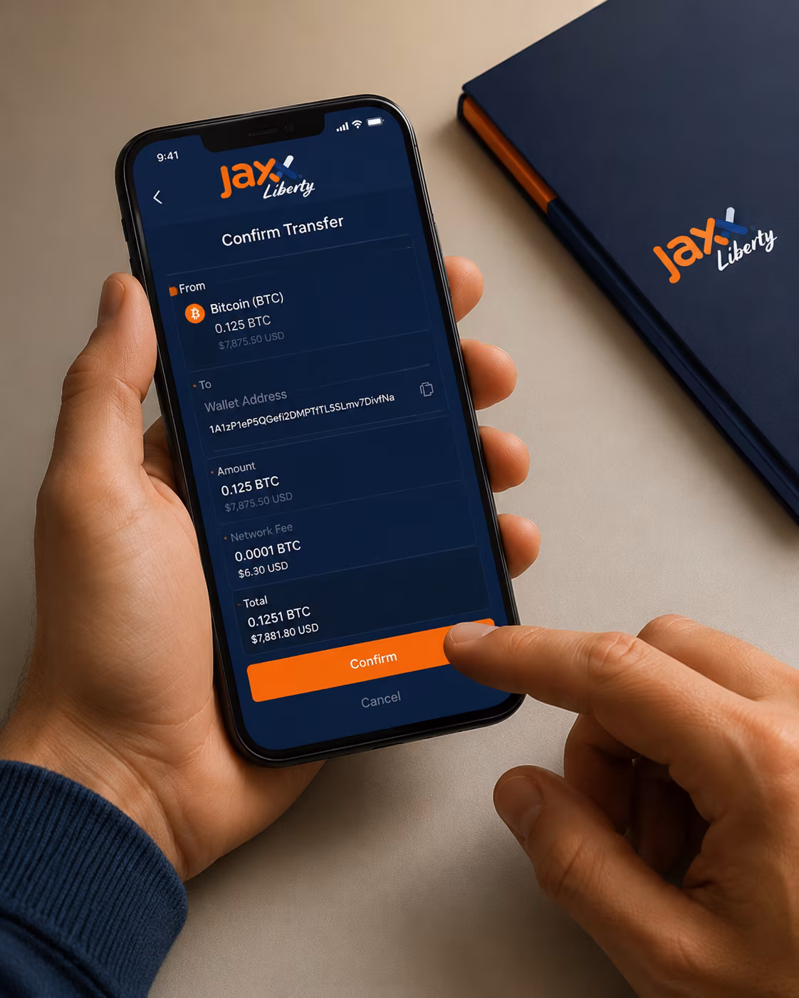 Clean desk with Jaxx Liberty app and secure backup envelope