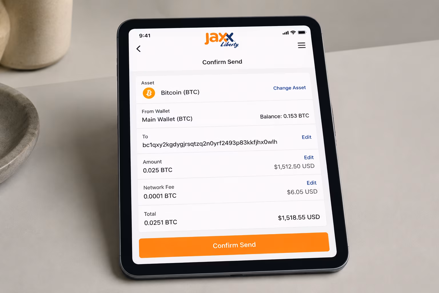 Jaxx Liberty send screen showing asset selection and confirmation