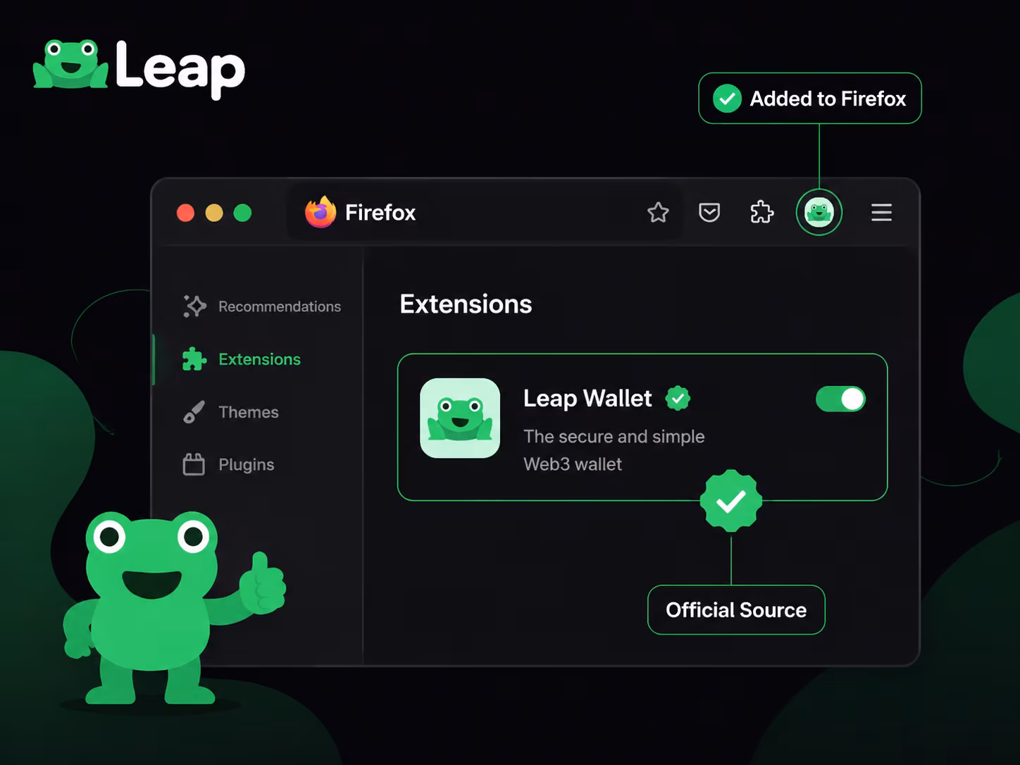 Leap Wallet extension installation verified in Firefox browser toolbar
