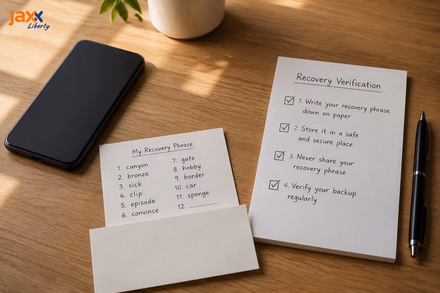 Secure recovery phrase backup with offline device and verification checklist