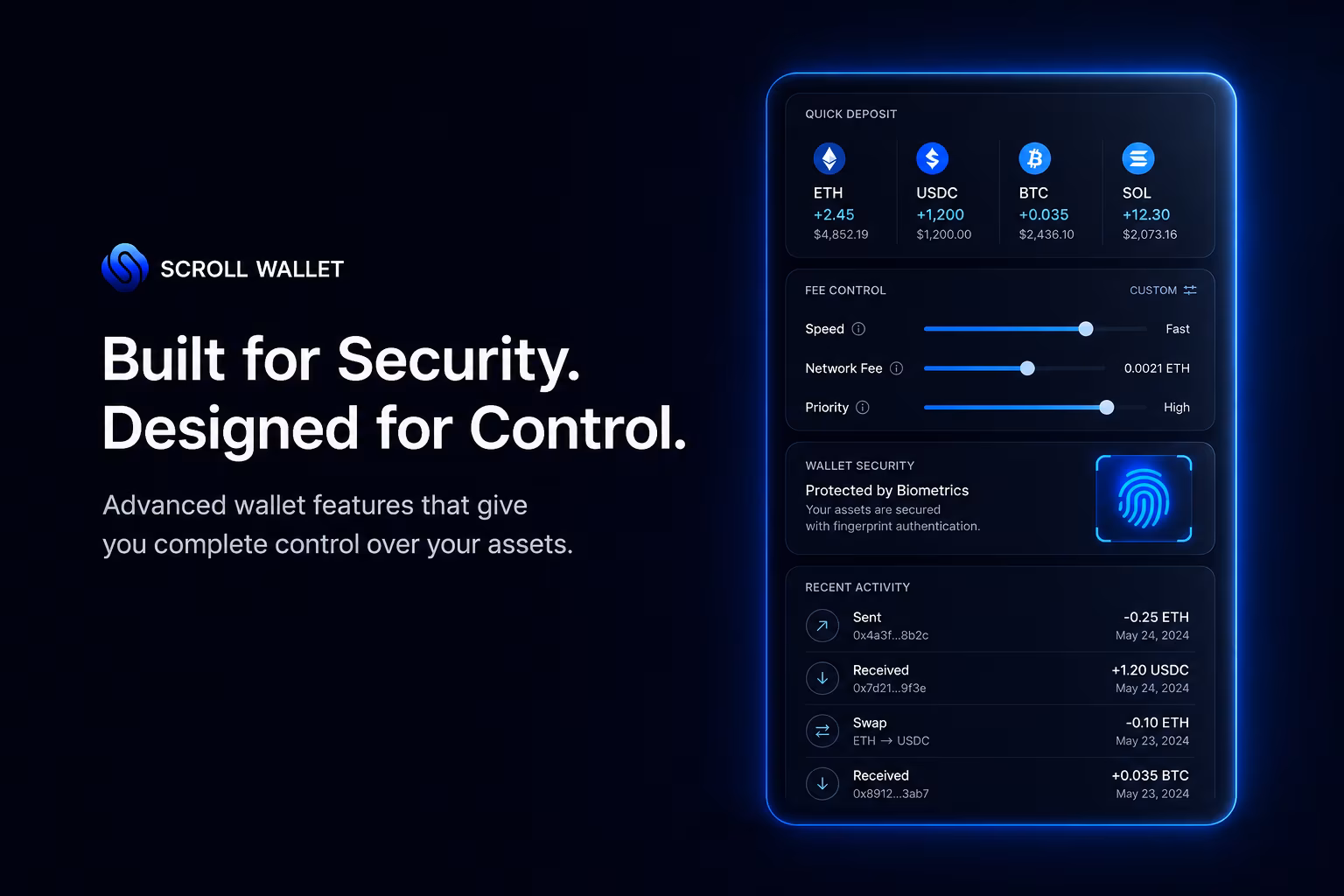Mobile wallet interface showing deposits fee control and biometric security