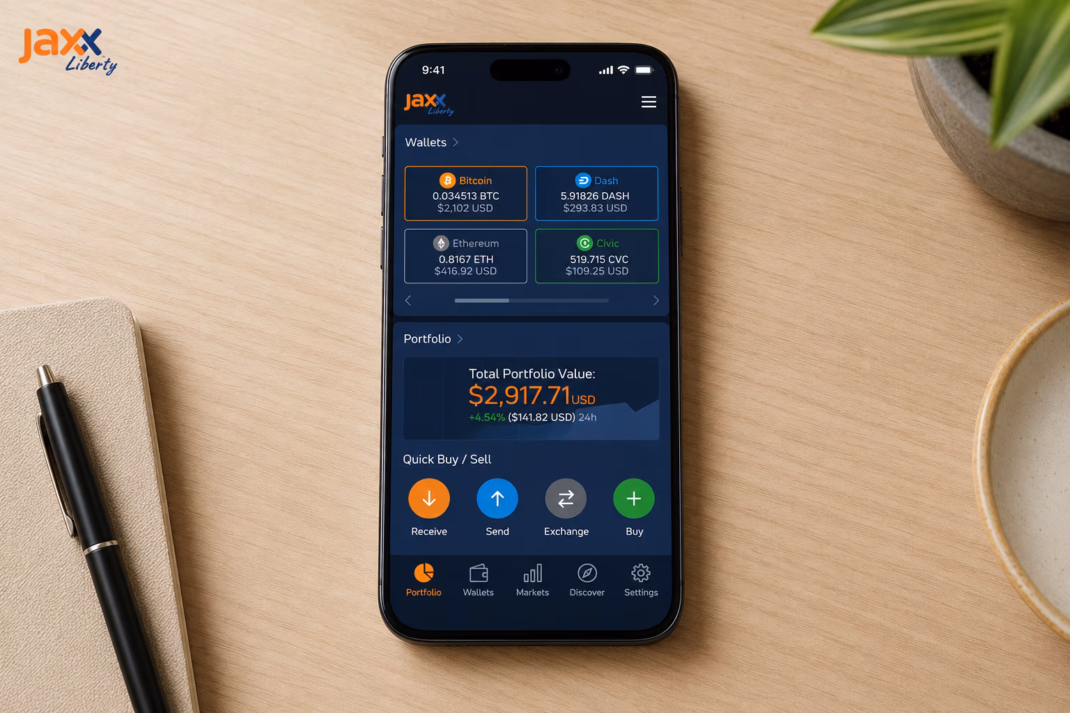 Jaxx Liberty dashboard showing portfolio balances and transaction shortcuts