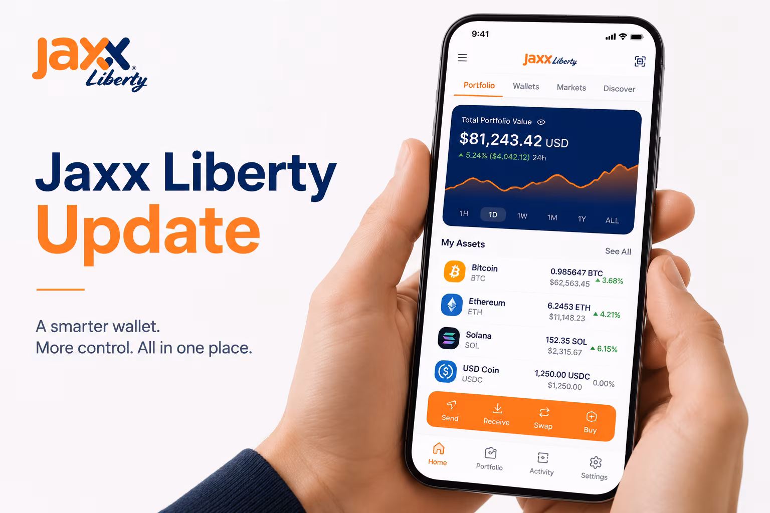 Updated Jaxx Liberty wallet dashboard with cleaner portfolio navigation