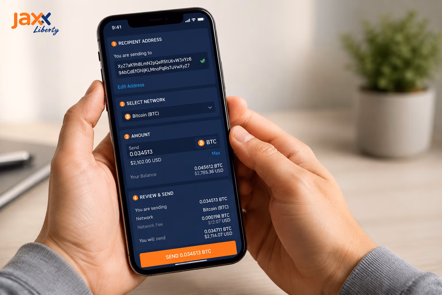 Jaxx Liberty send flow showing address network amount and confirmation
