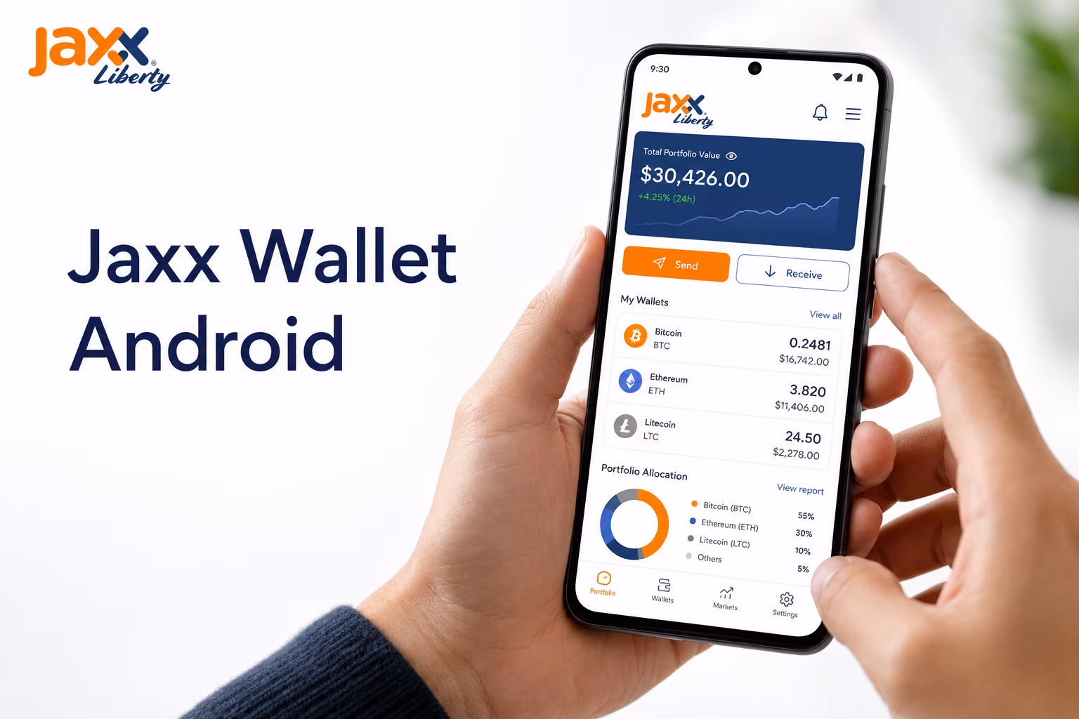 Android wallet dashboard showing crypto balances send receive buttons