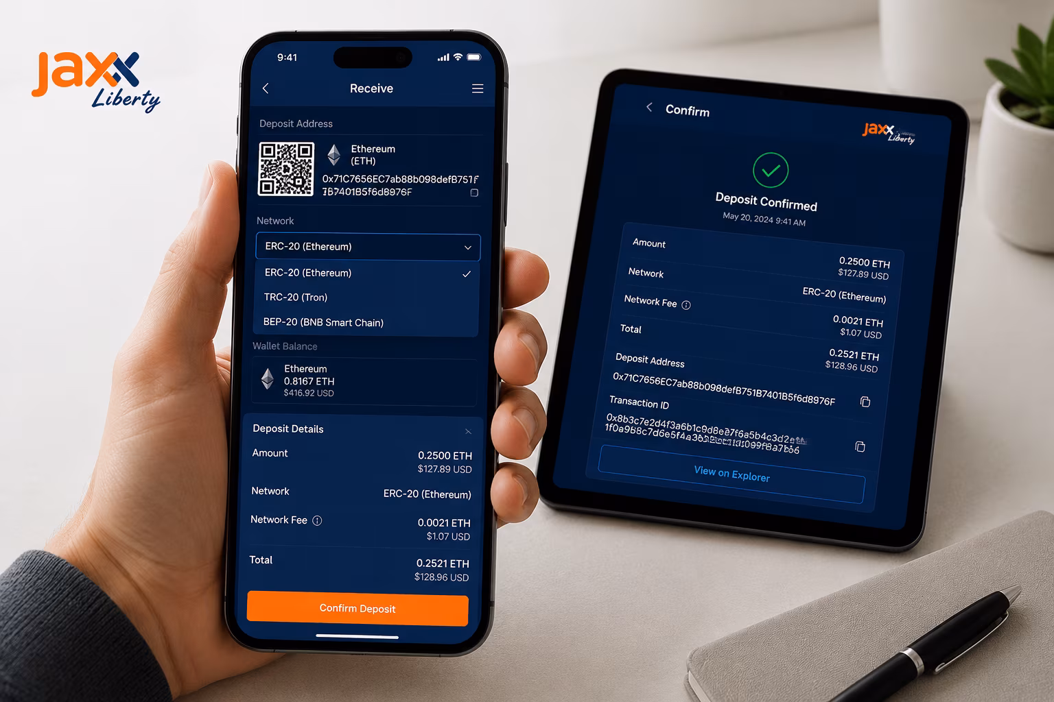Copying deposit address and selecting network in Jaxx Liberty wallet