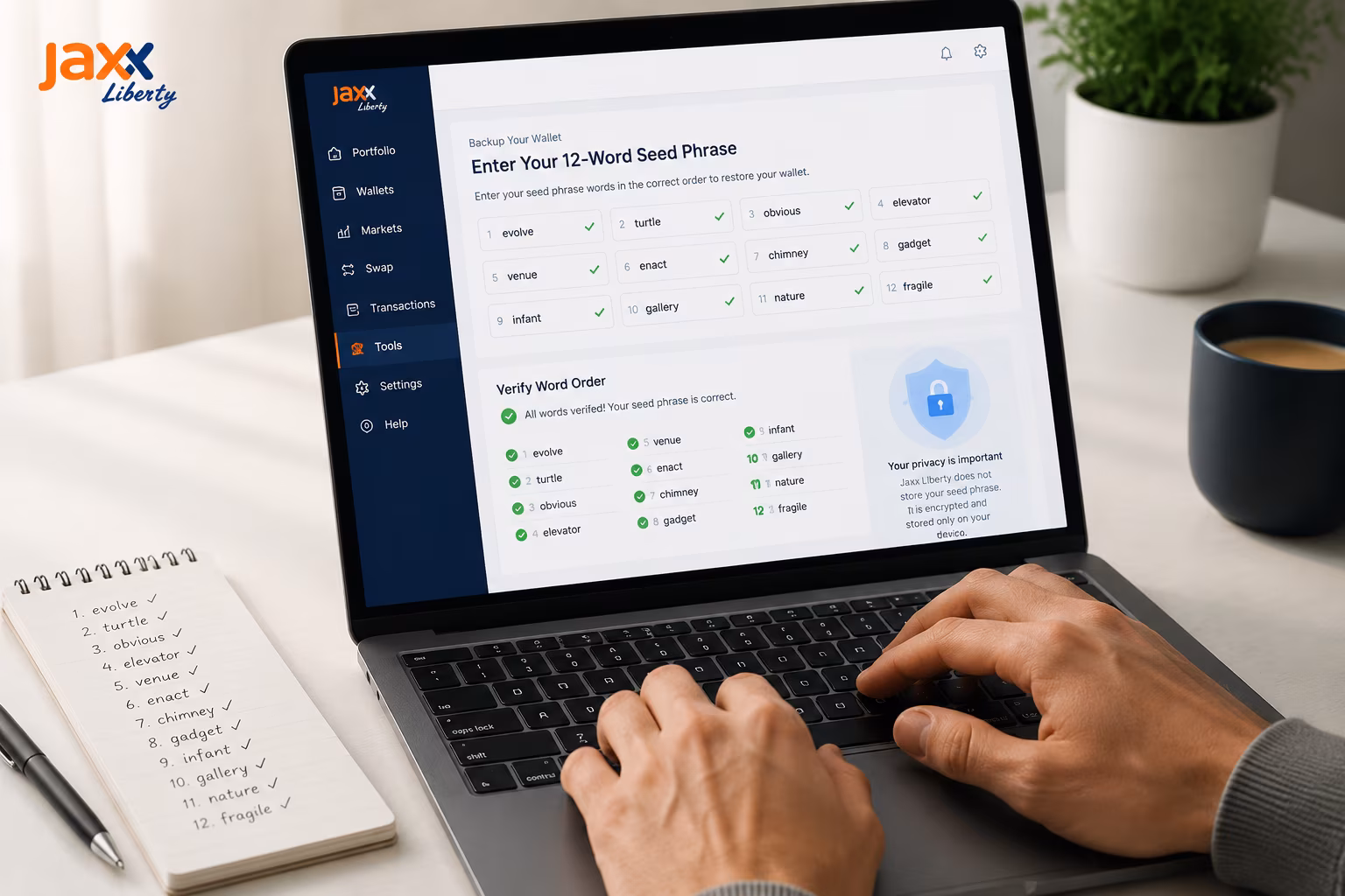 Seed phrase entry verification steps for Jaxx Liberty restore