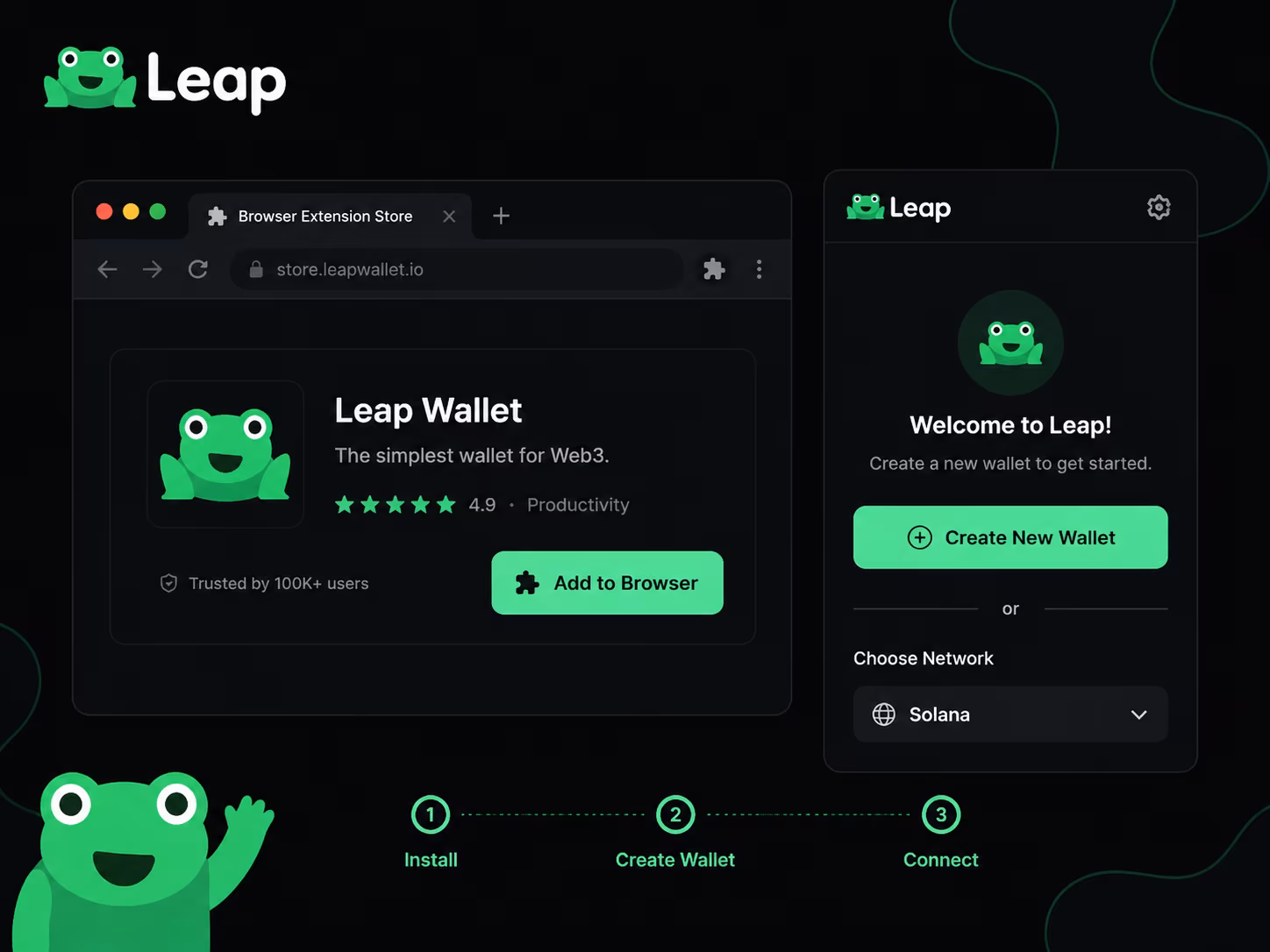 Leap Wallet browser extension install flow and wallet popup interface