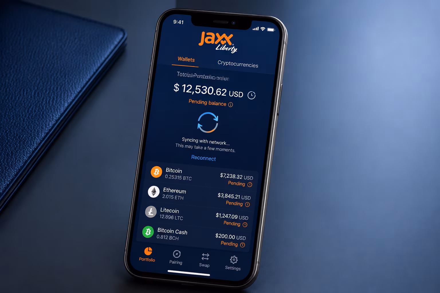 Jaxx Liberty wallet showing delayed balance sync on smartphone screen