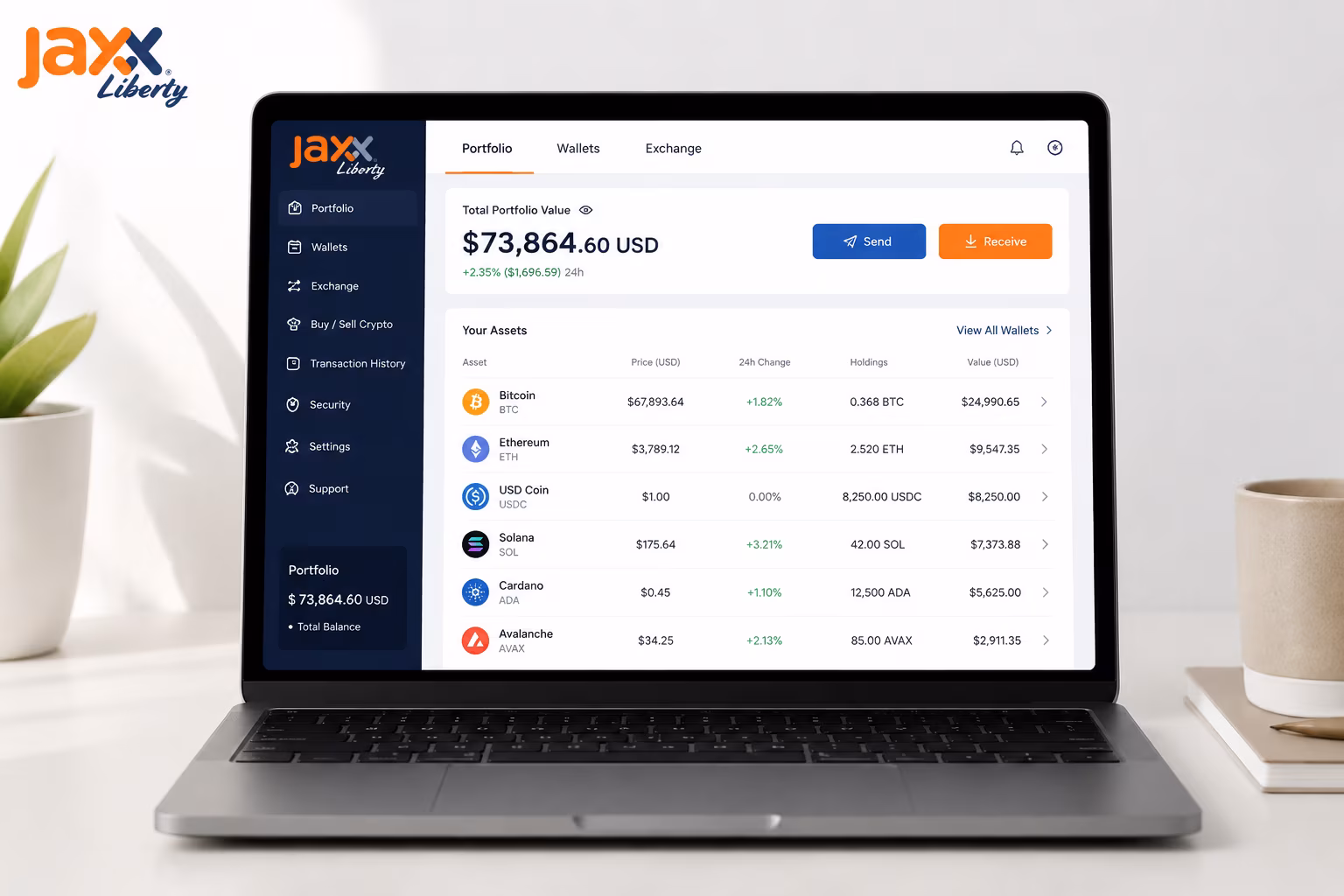 Jaxx Liberty wallet dashboard showing portfolio balances and navigation tabs