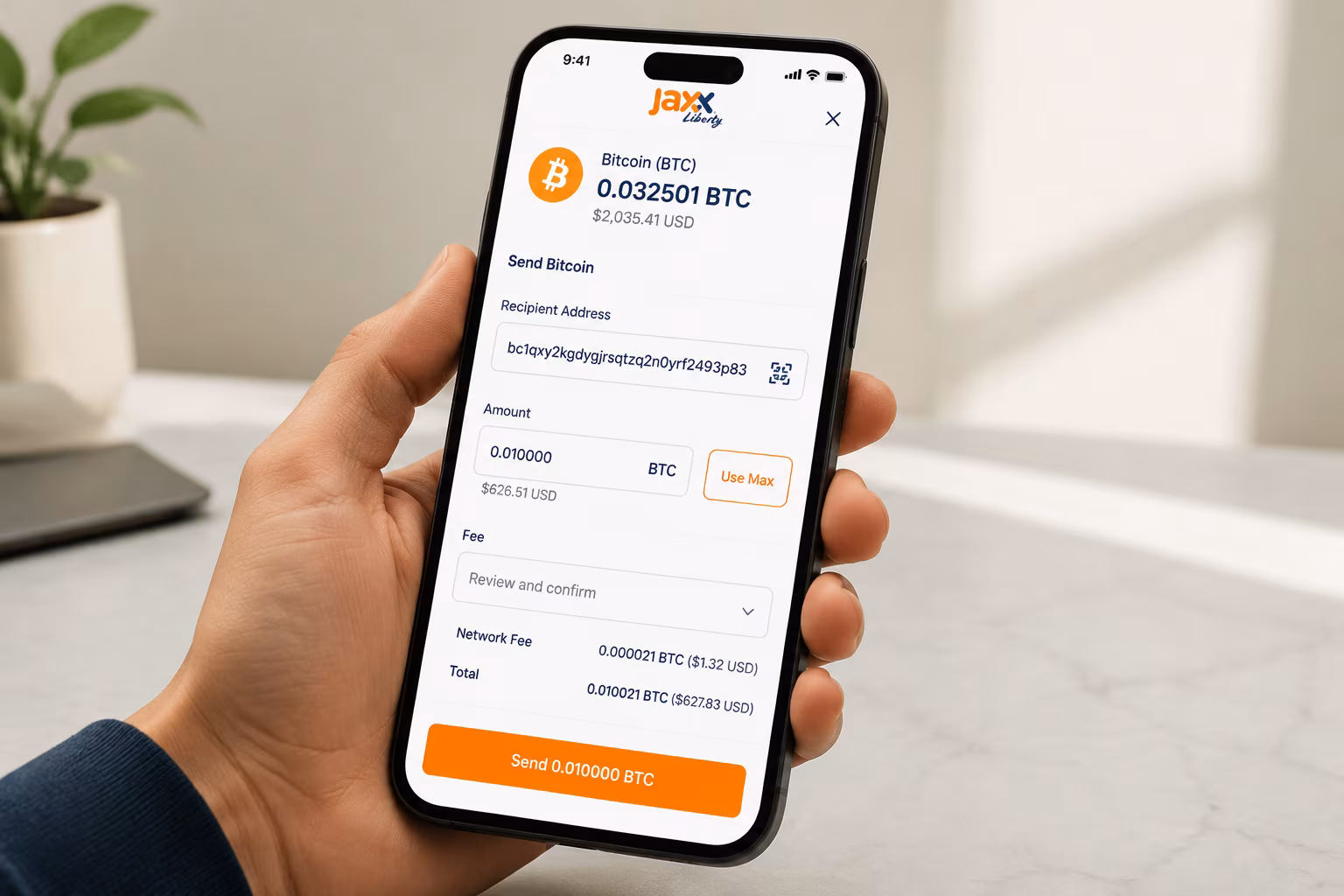 Jaxx Liberty mobile send Bitcoin screen with confirmation button