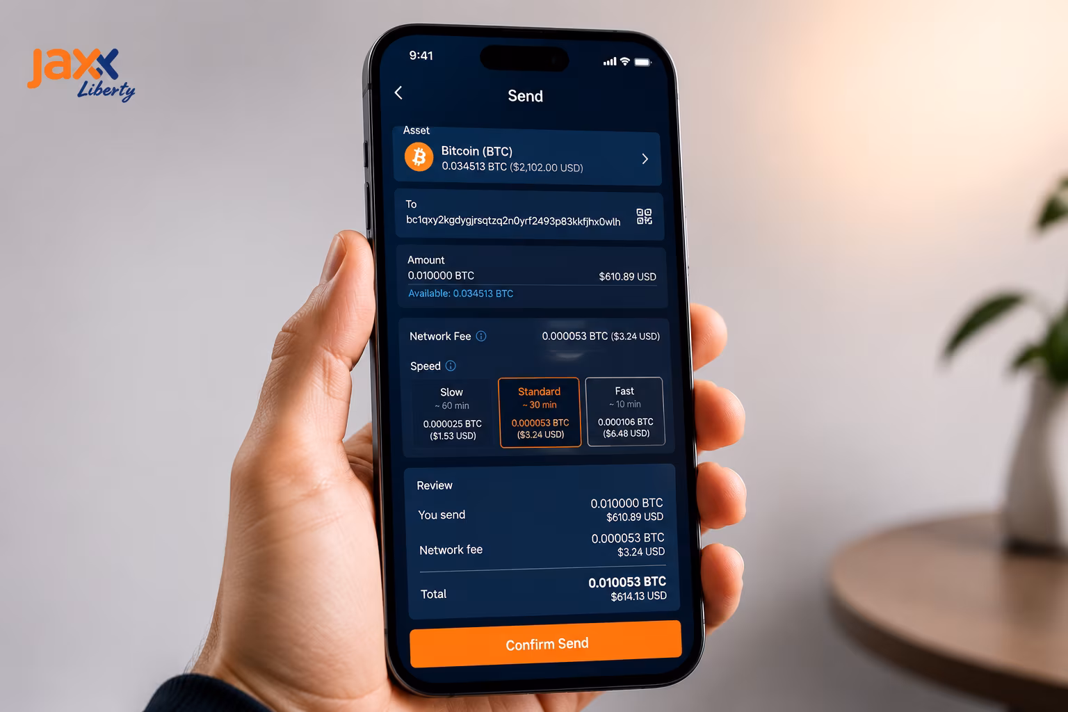 Send screen showing network fee preview and transaction speed options