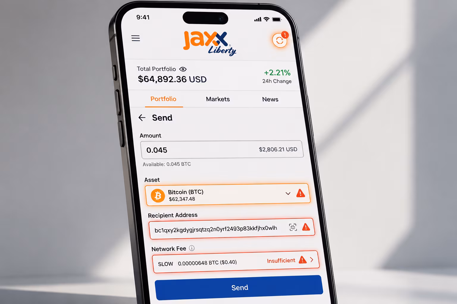 Jaxx Liberty send screen highlighting network fee and address blockers