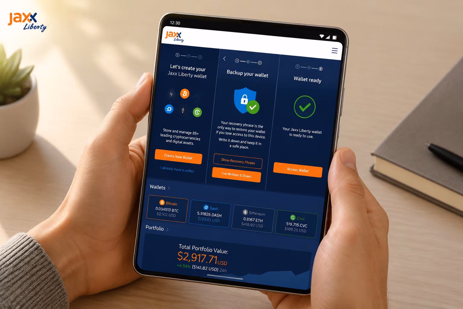 Jaxx Liberty wallet first-run setup screens on Android smartphone