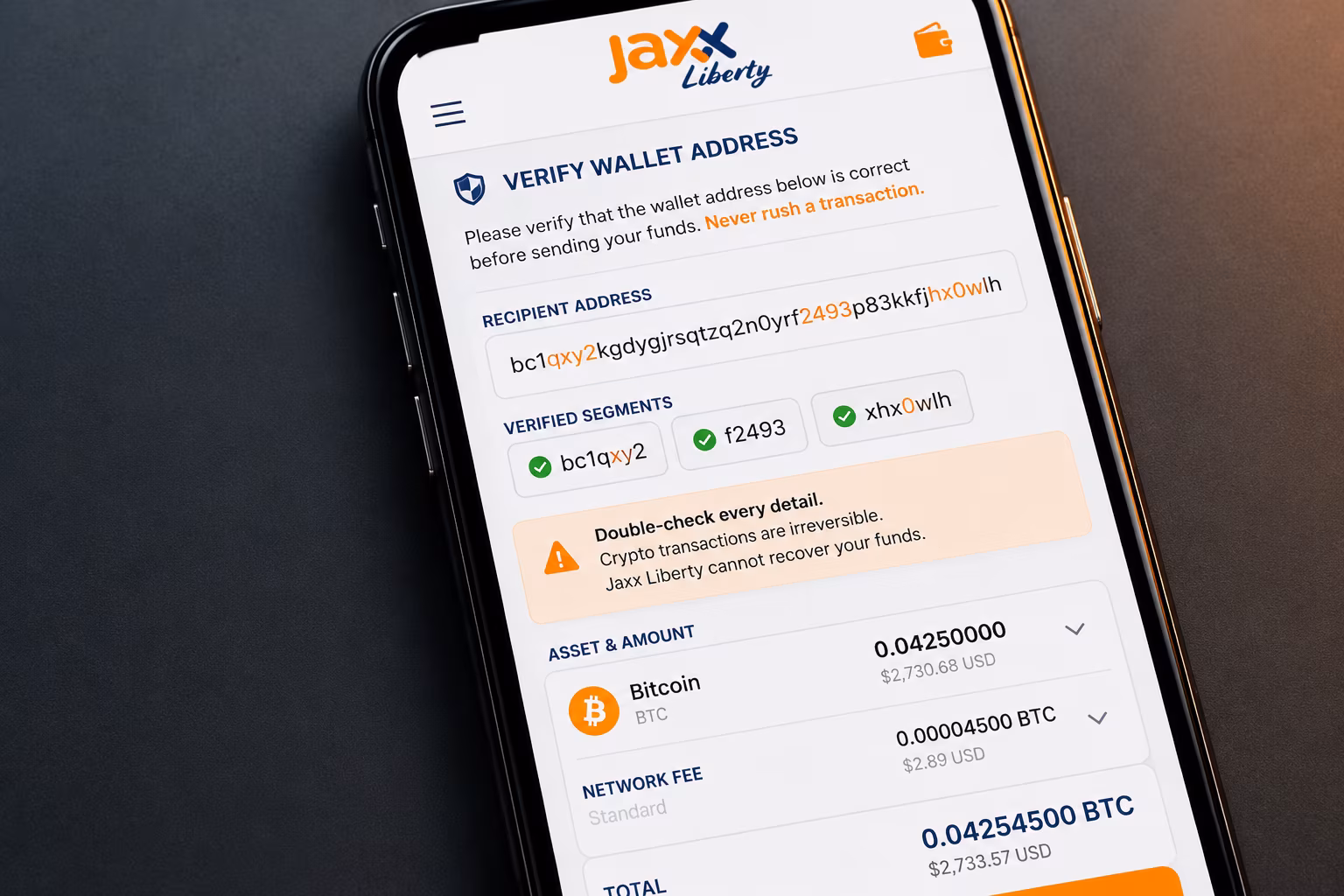 Jaxx Liberty app showing pending transaction and troubleshooting checklist on smartphone