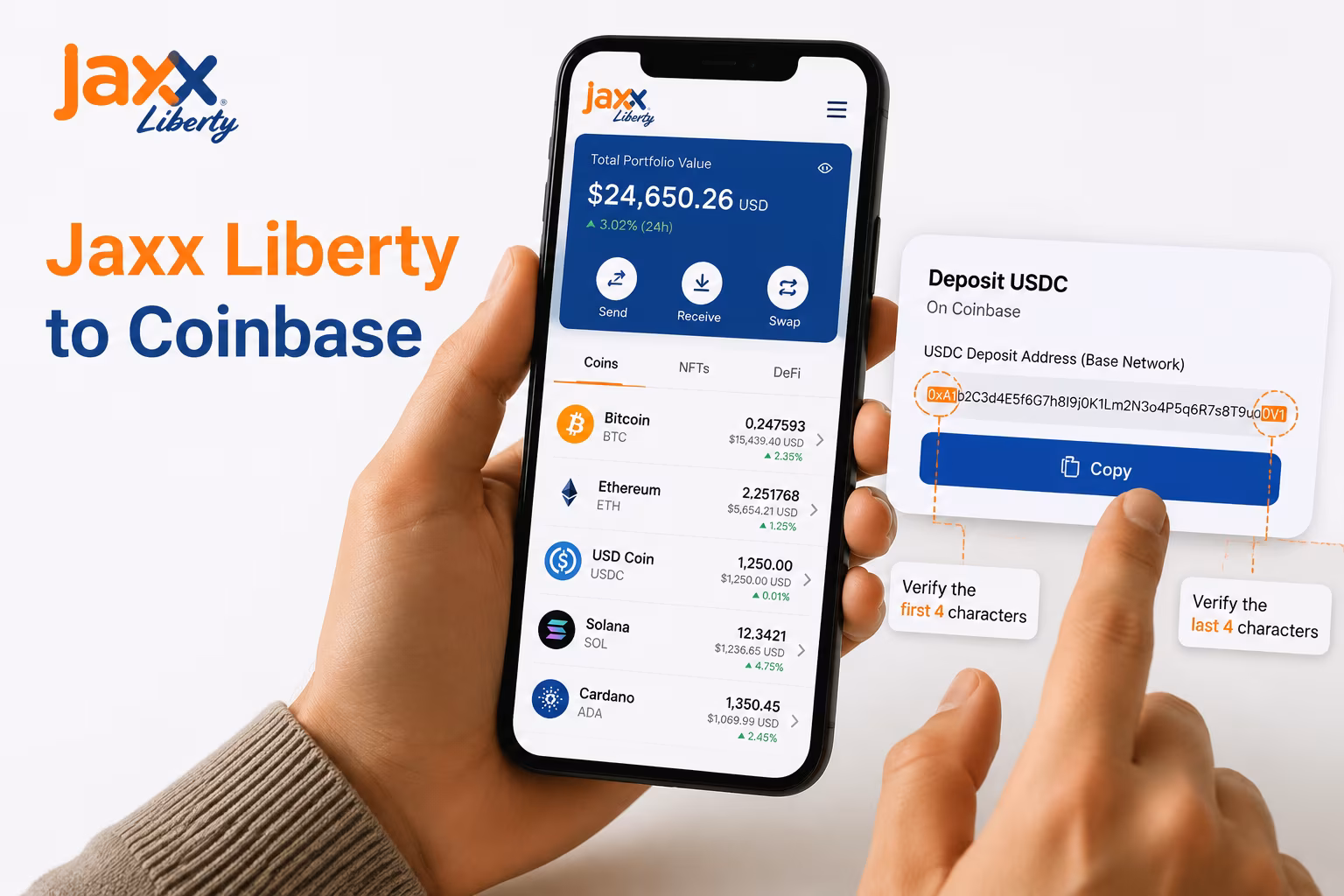 Copying Coinbase deposit address and verifying characters before sending crypto
