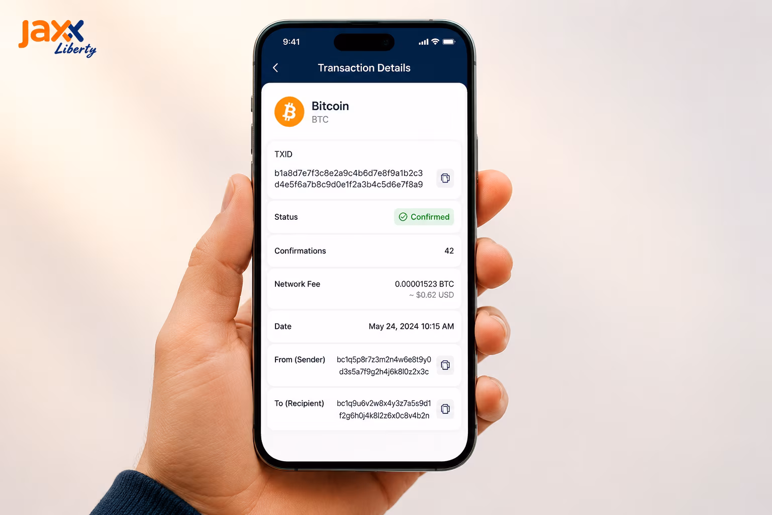 TXID lookup screen showing confirmations fee and addresses