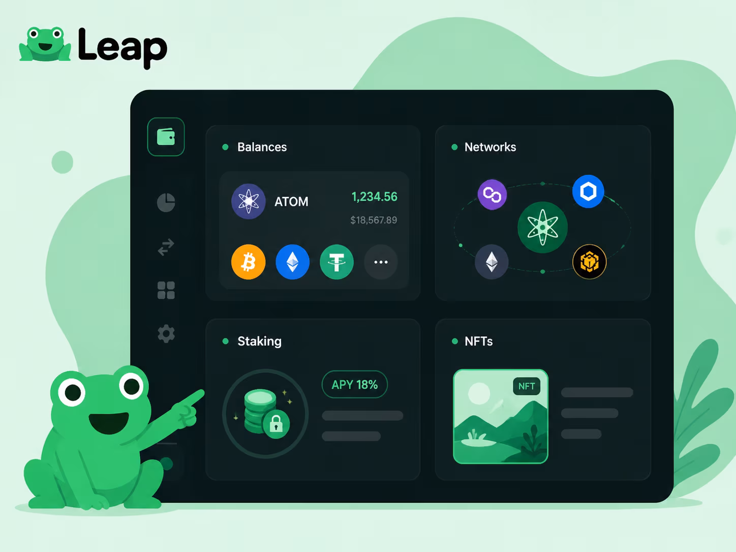 Leap Wallet dashboard showing balances staking networks and NFT sections
