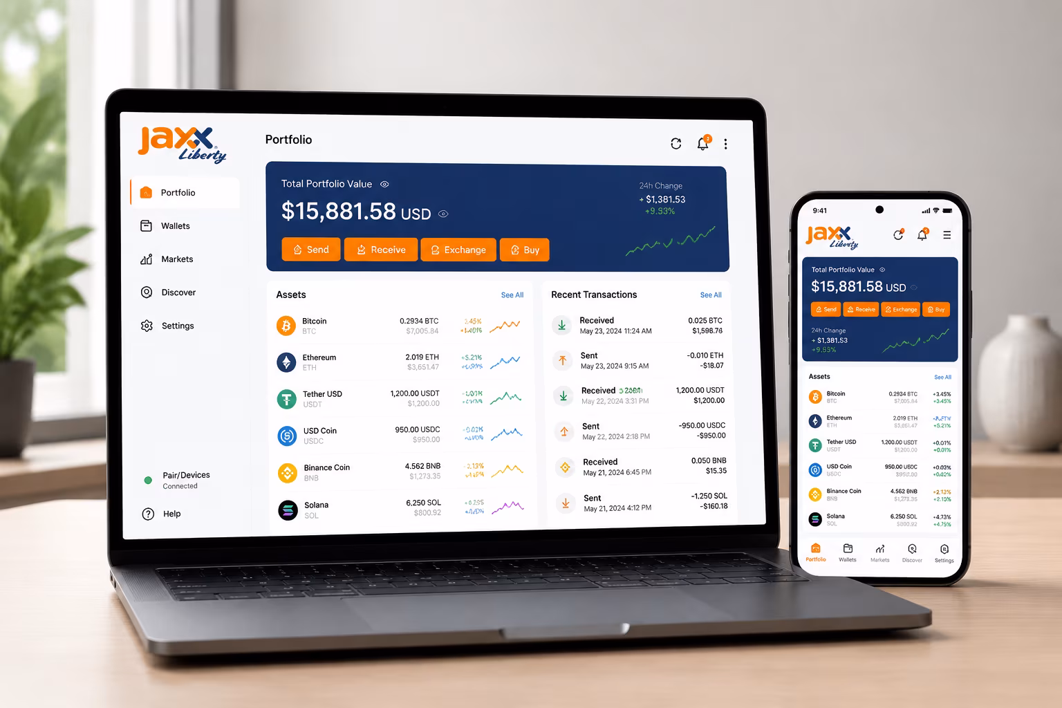 Jaxx Liberty dashboard showing multi-asset portfolio on desktop and mobile