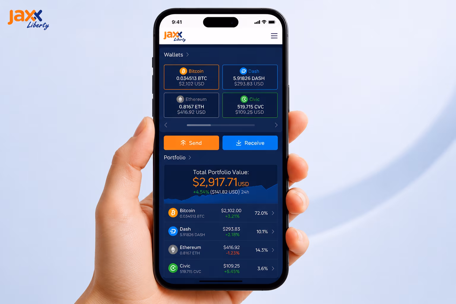 Jaxx Liberty wallet dashboard showing balances send receive and portfolio