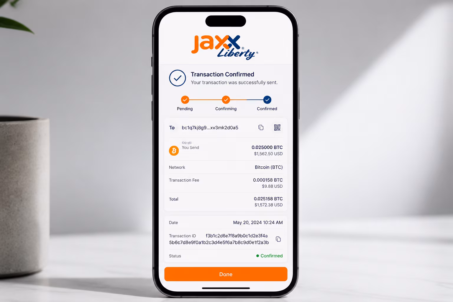 Jaxx Liberty send screen showing coin selector and transfer confirmation