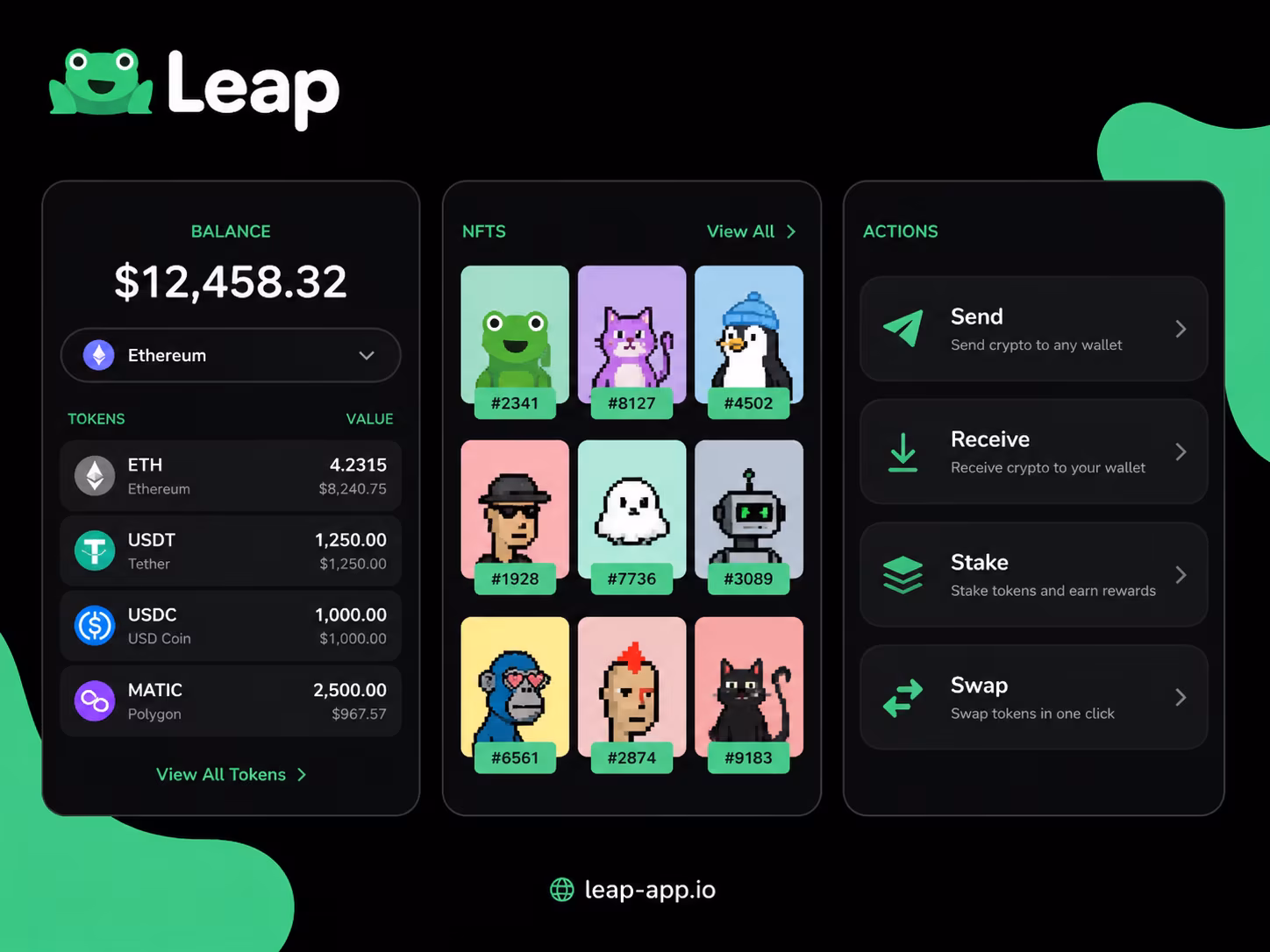 Leap Wallet interface showing balances NFTs and action buttons across devices