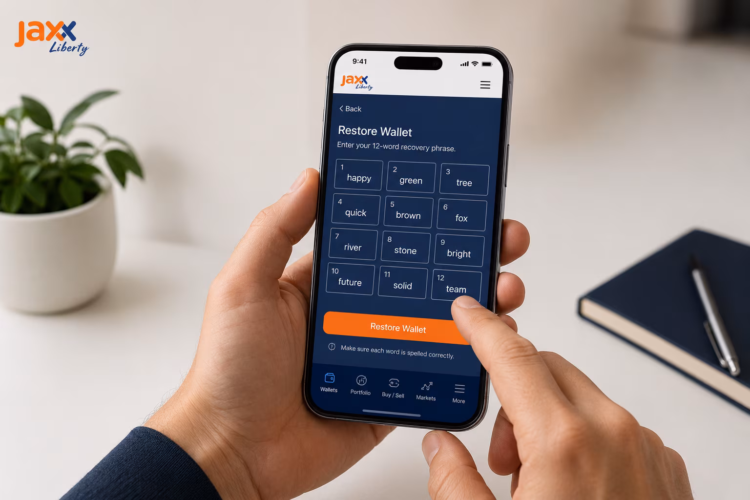 Hands entering recovery phrase securely on mobile wallet app