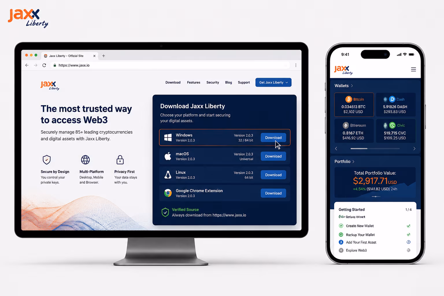 Desktop and mobile showing trusted Jaxx Liberty download flow