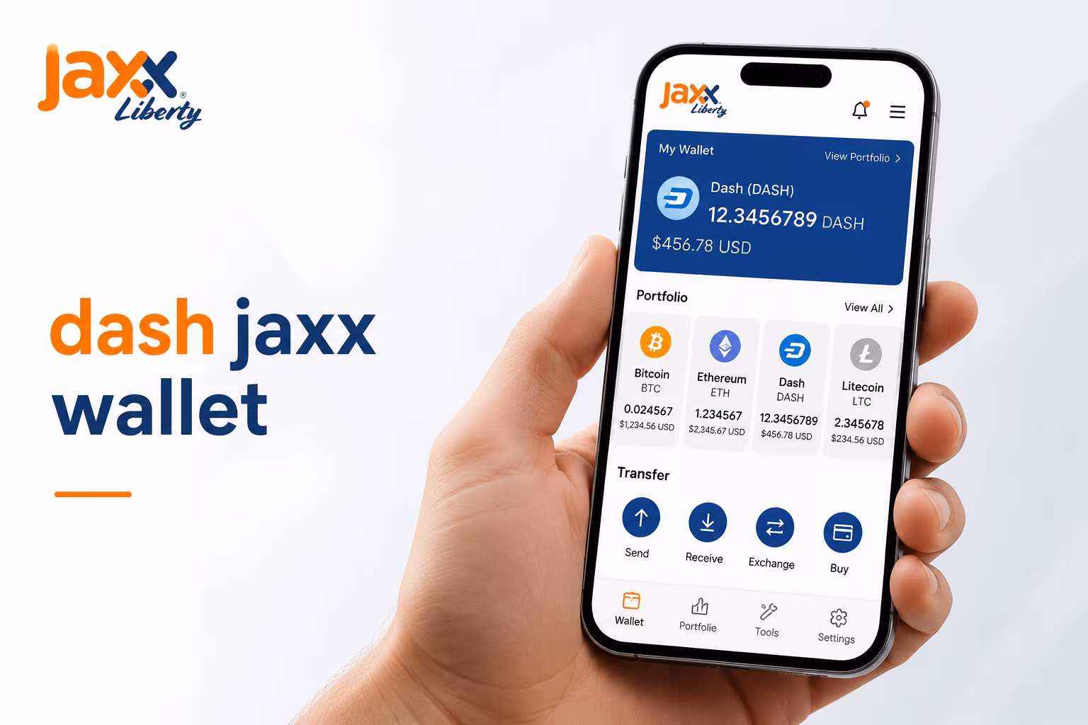 Dash balance and portfolio tiles on Jaxx Liberty wallet dashboard