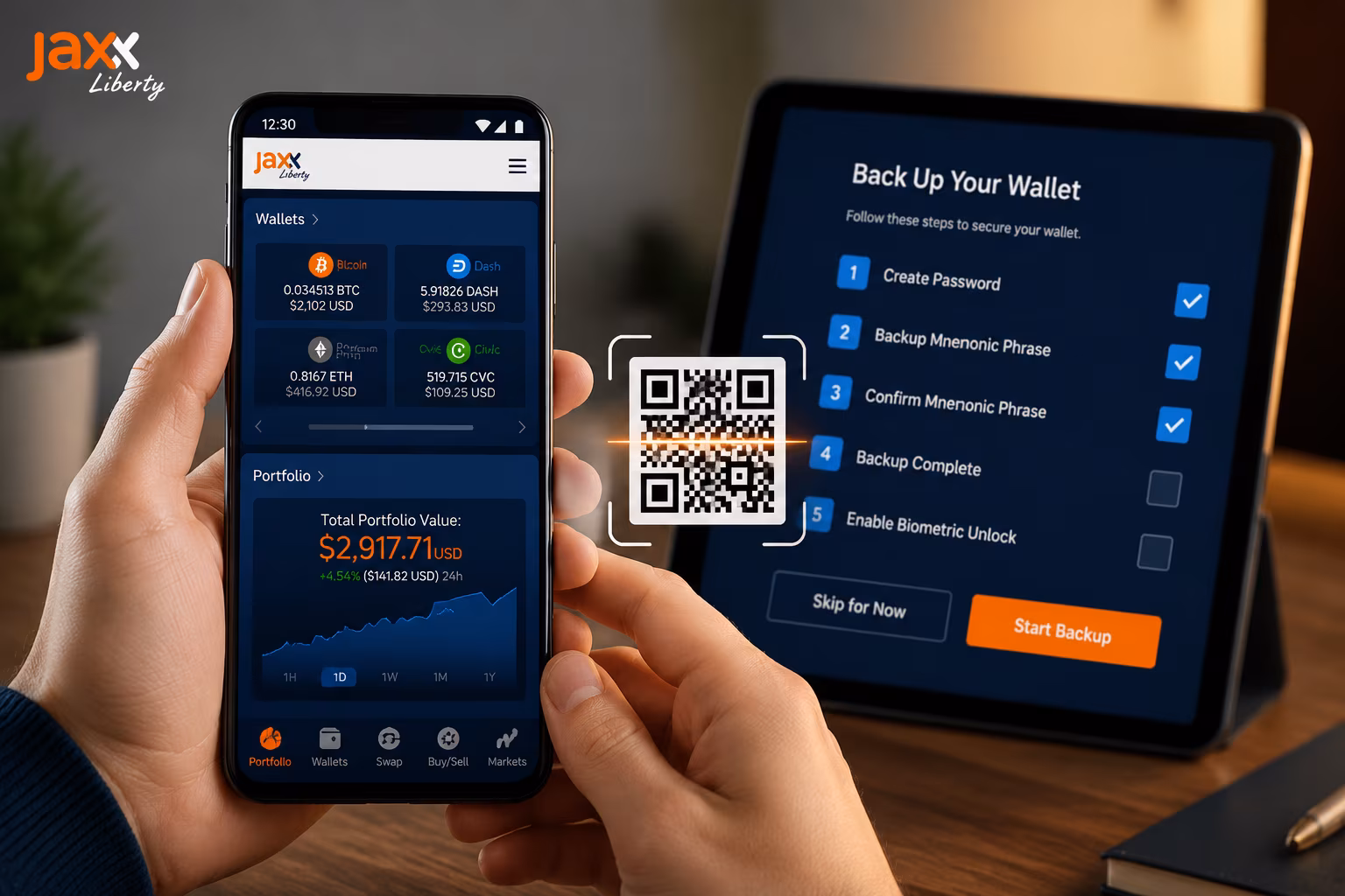 Android wallet setup with QR scan and backup checklist steps