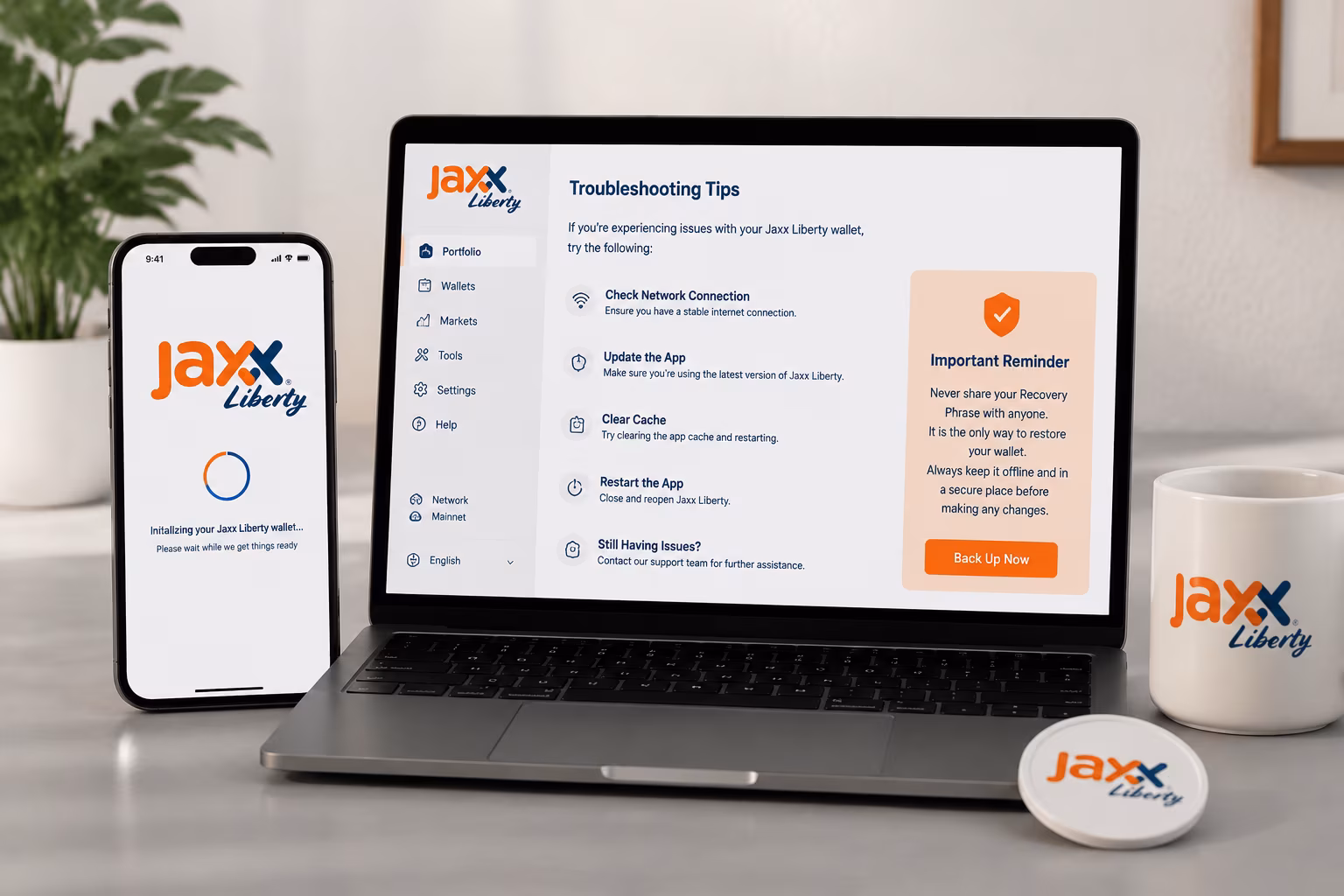 Jaxx Liberty wallet initialization screen with troubleshooting guidance displayed