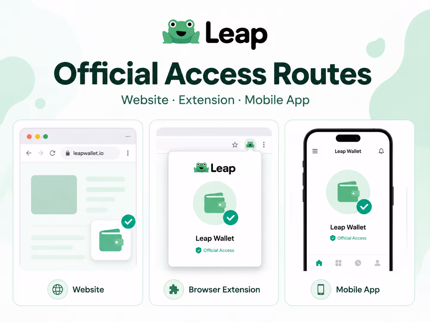 Official Leap Wallet access routes across website extension and mobile app