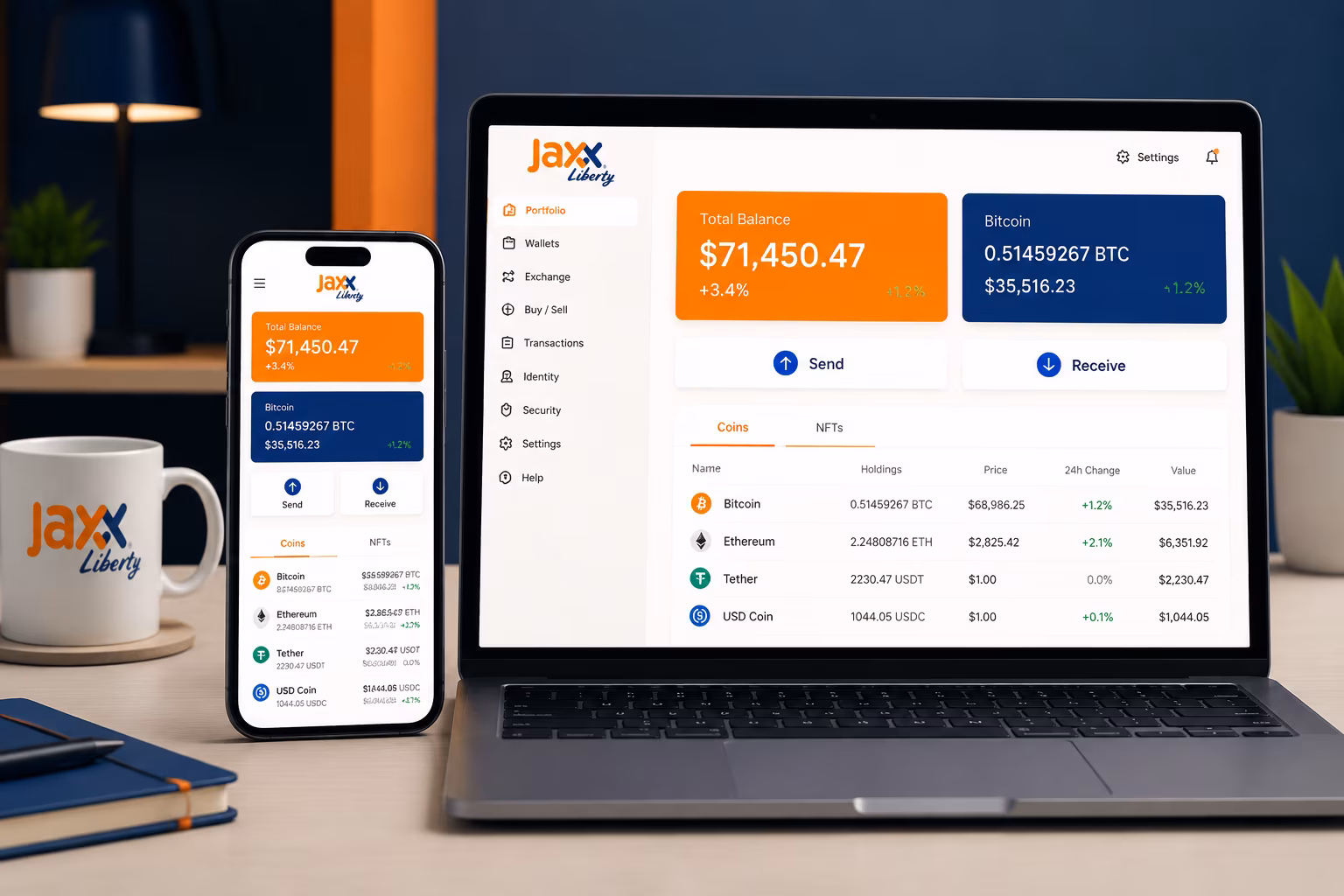 Jaxx Liberty dashboard showing balance cards and portfolio overview