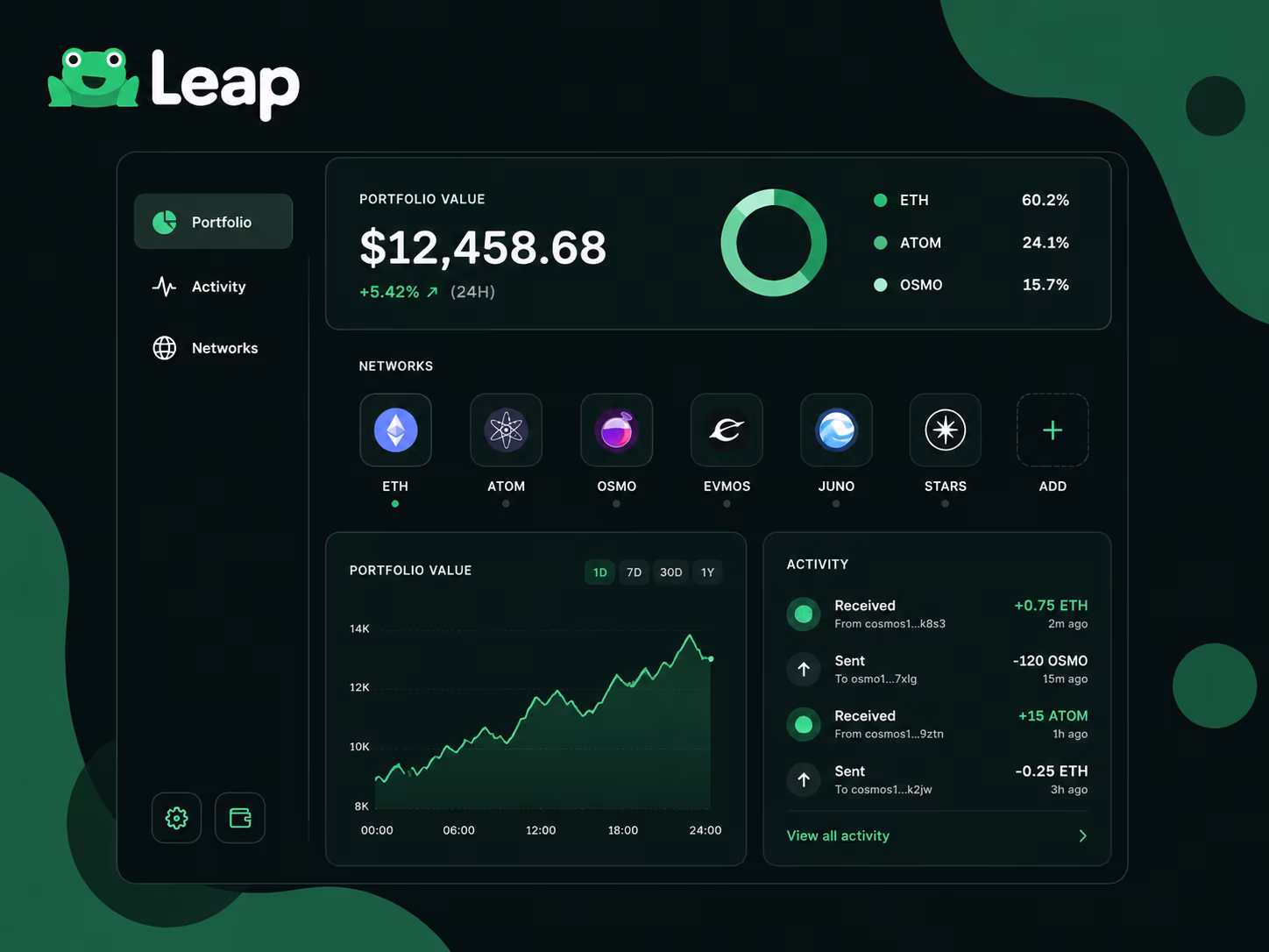 Leap Wallet dashboard showing balances networks portfolio and recent activity