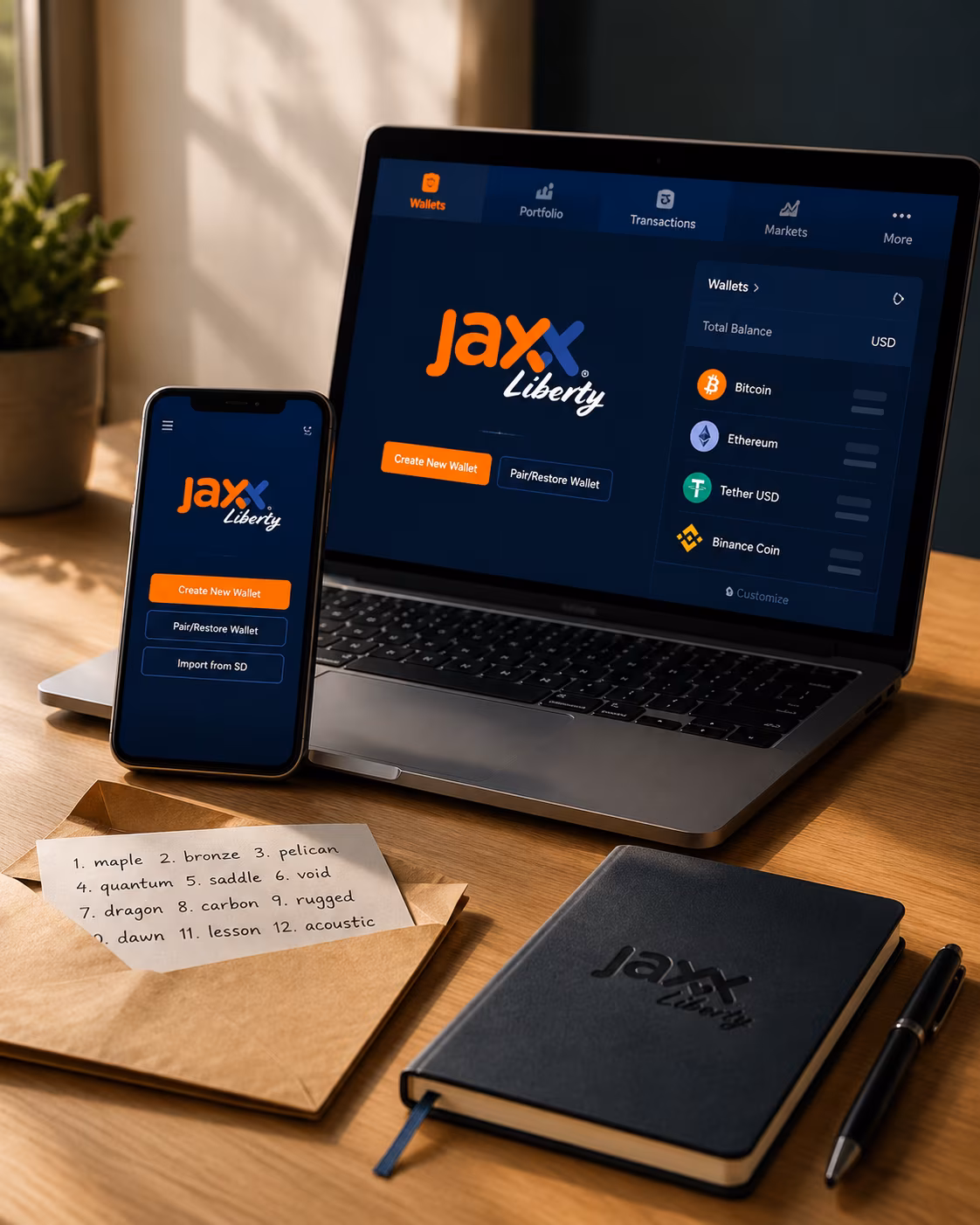Clean desk with Jaxx Liberty app and secure backup envelope
