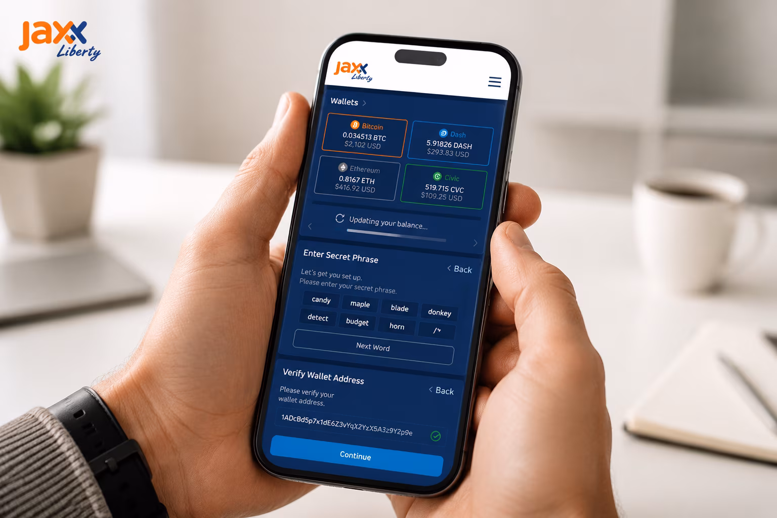 Seed phrase entry and balance verification on Jaxx Liberty wallet