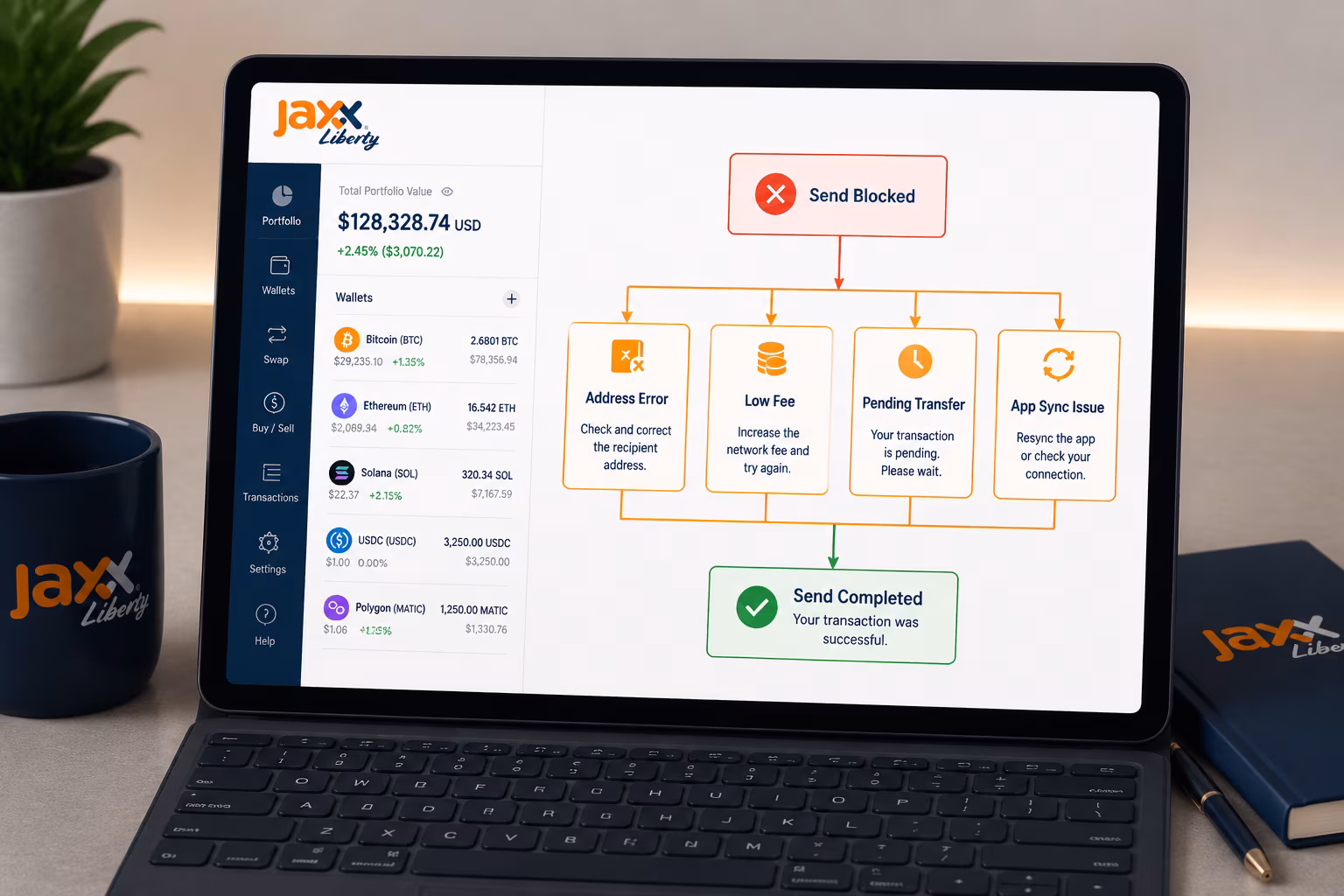 Jaxx Liberty send screen showing low balance and network congestion warnings