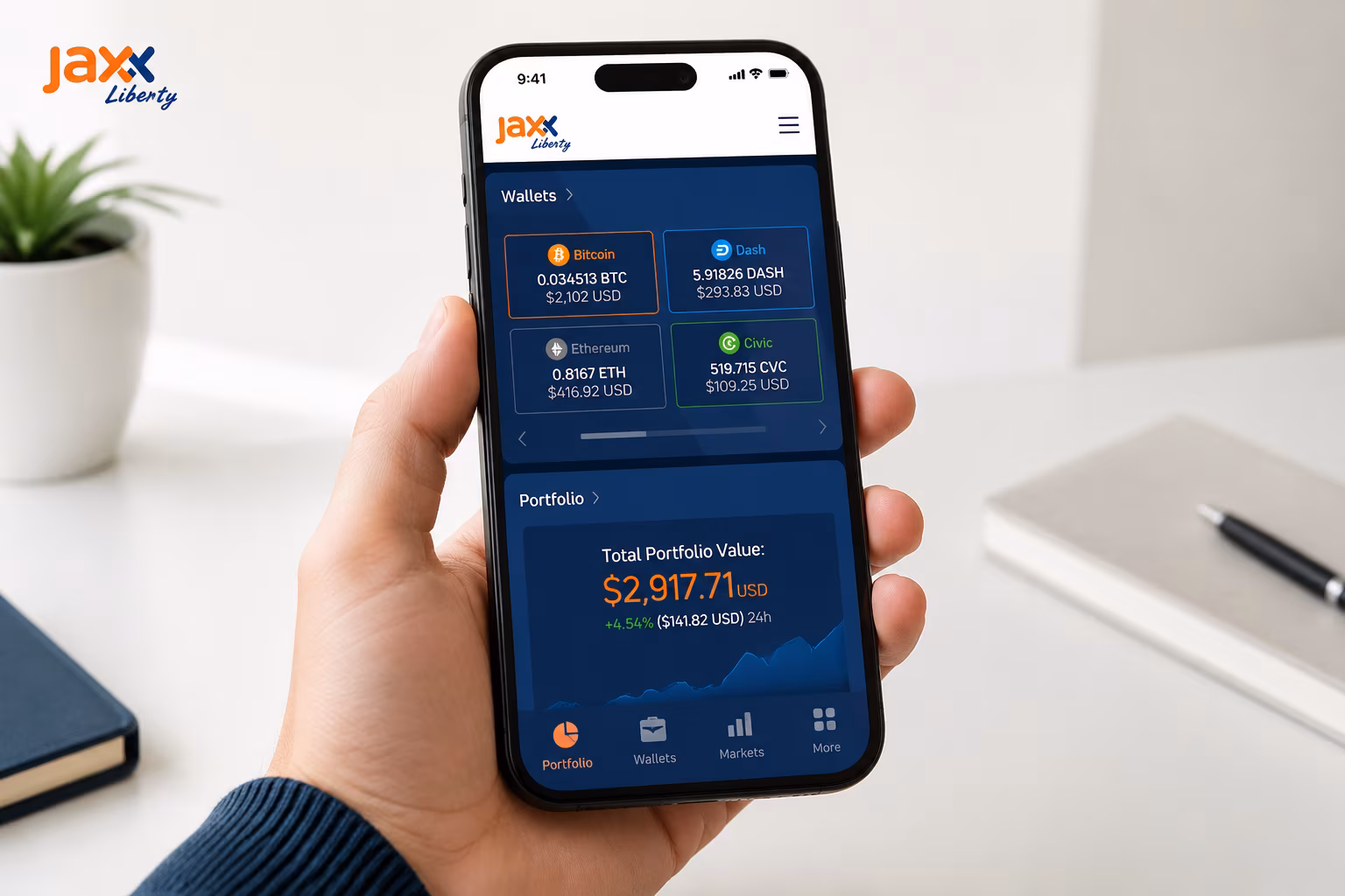 Jaxx Liberty wallet dashboard showing portfolio balances and asset navigation