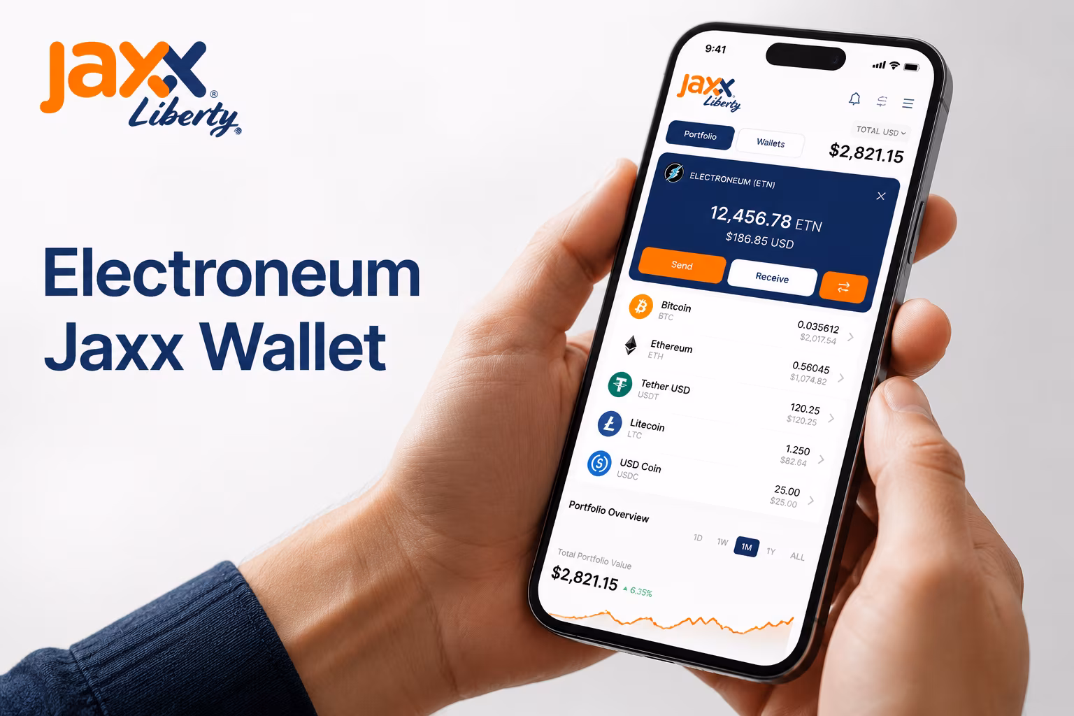 ETN balance and portfolio tracking sections in Jaxx Liberty wallet dashboard