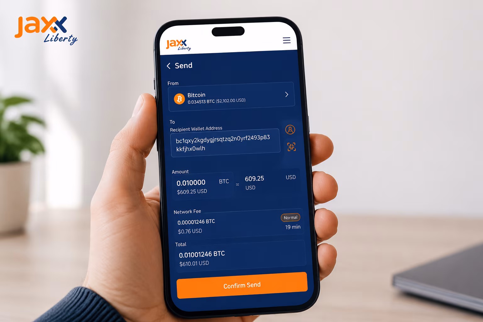 Jaxx Liberty send screen showing recipient address fee and confirm