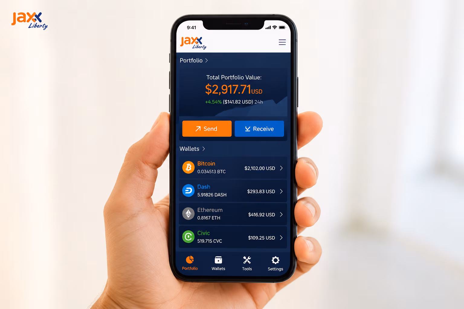 Jaxx Liberty wallet dashboard showing portfolio balances and navigation tools
