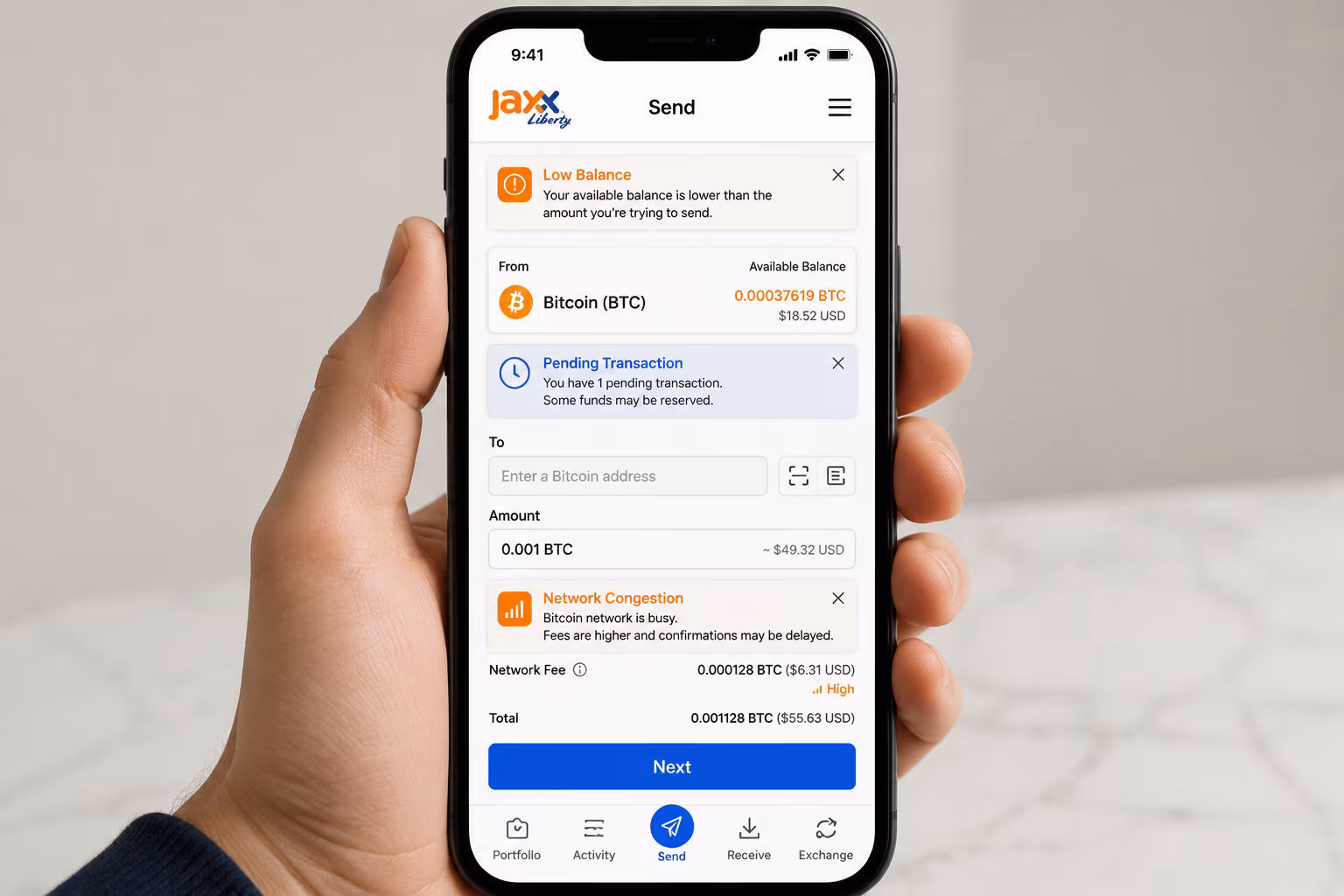 Jaxx Liberty send screen showing low balance and network congestion warnings