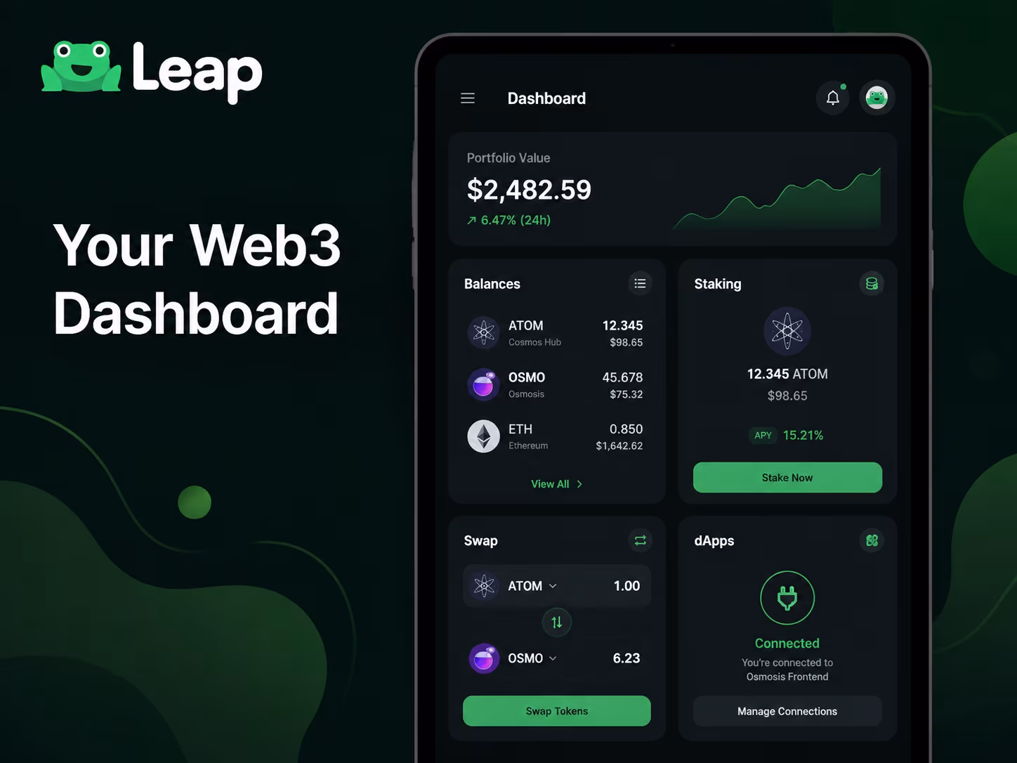 Leap Wallet dashboard showing balances staking swaps and dApp connection