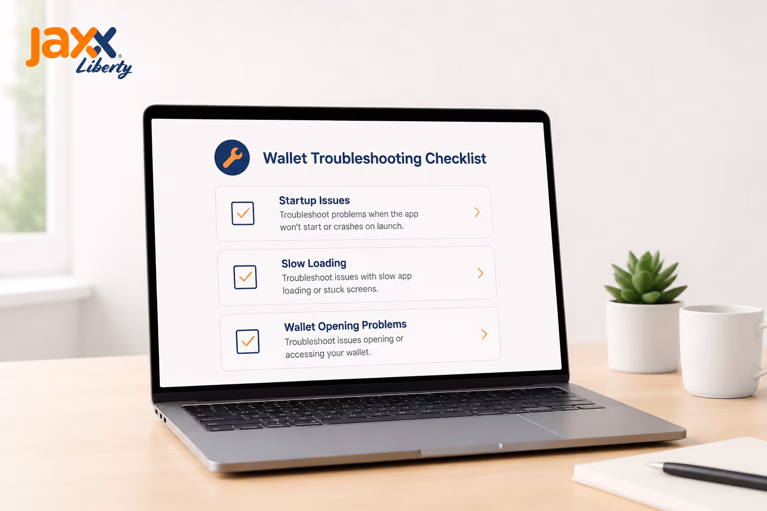 Visual checklist for Jaxx Liberty startup and wallet loading issues