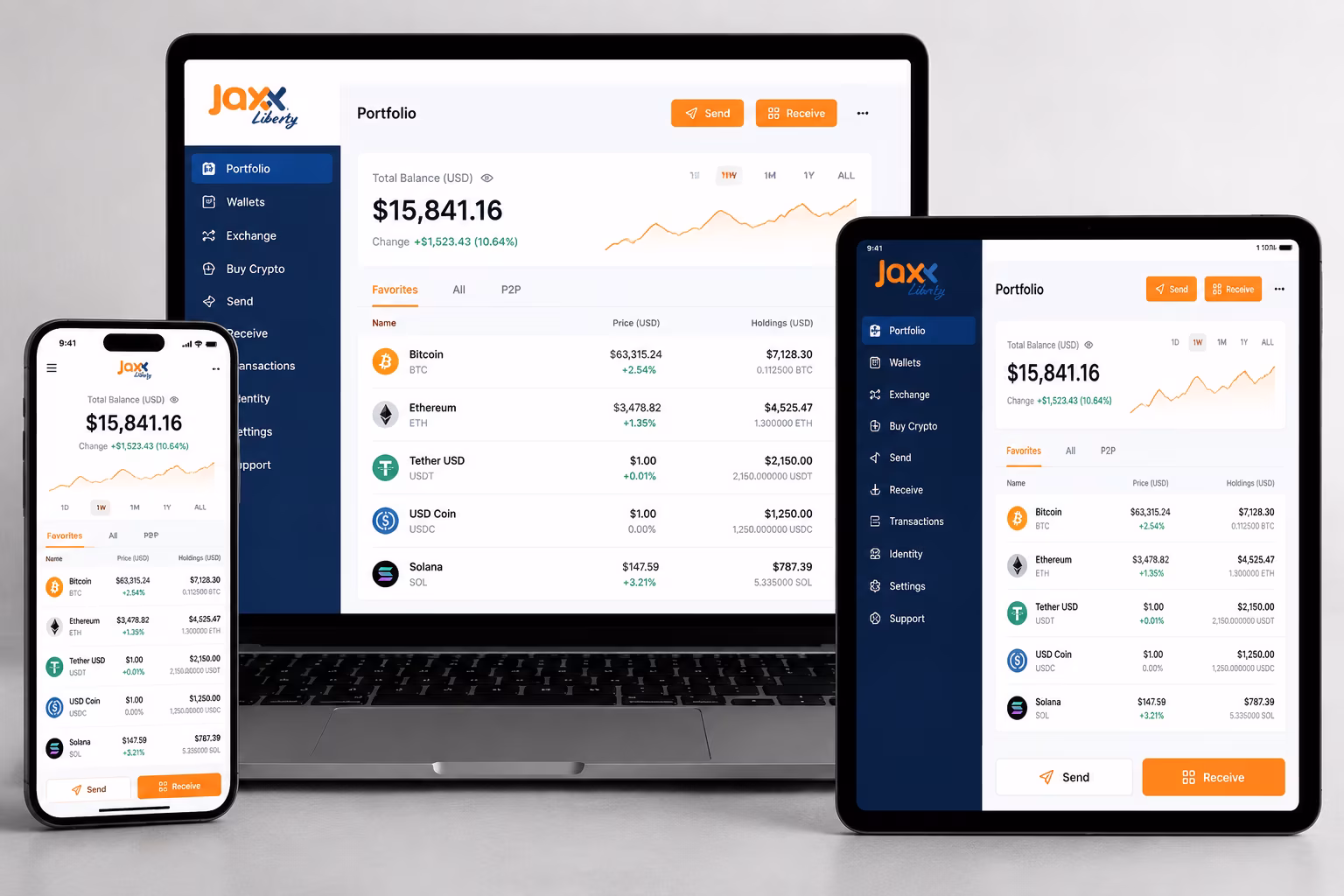 Jaxx Liberty wallet interface showing balances and token portfolio