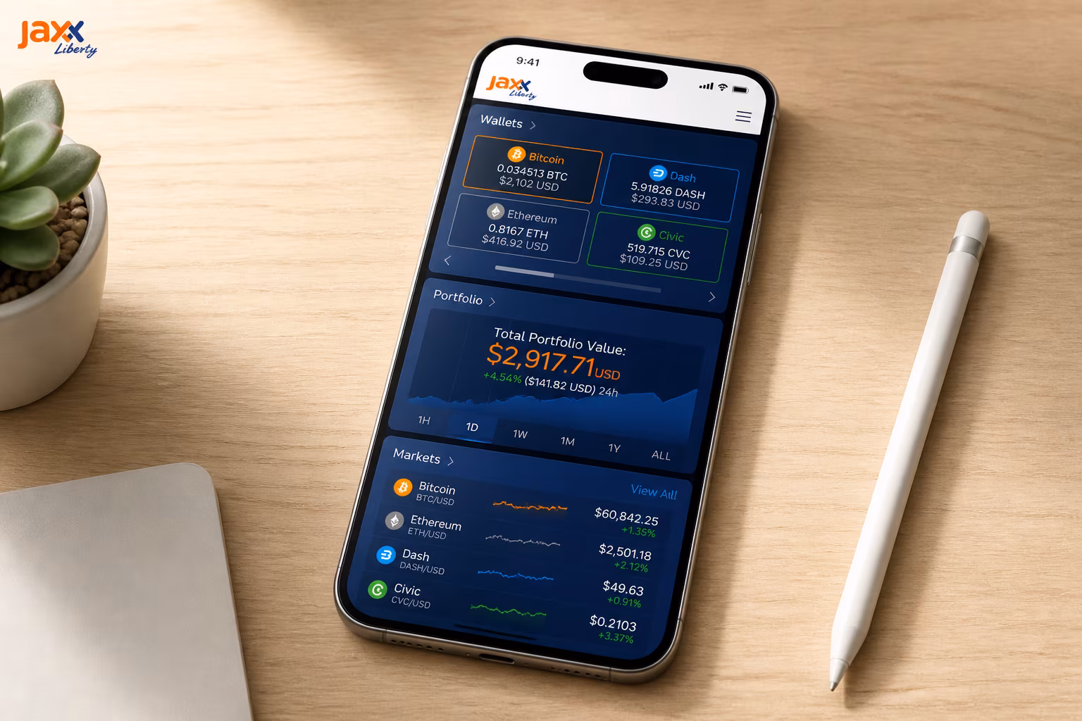Jaxx Liberty home dashboard showing balances charts and asset cards