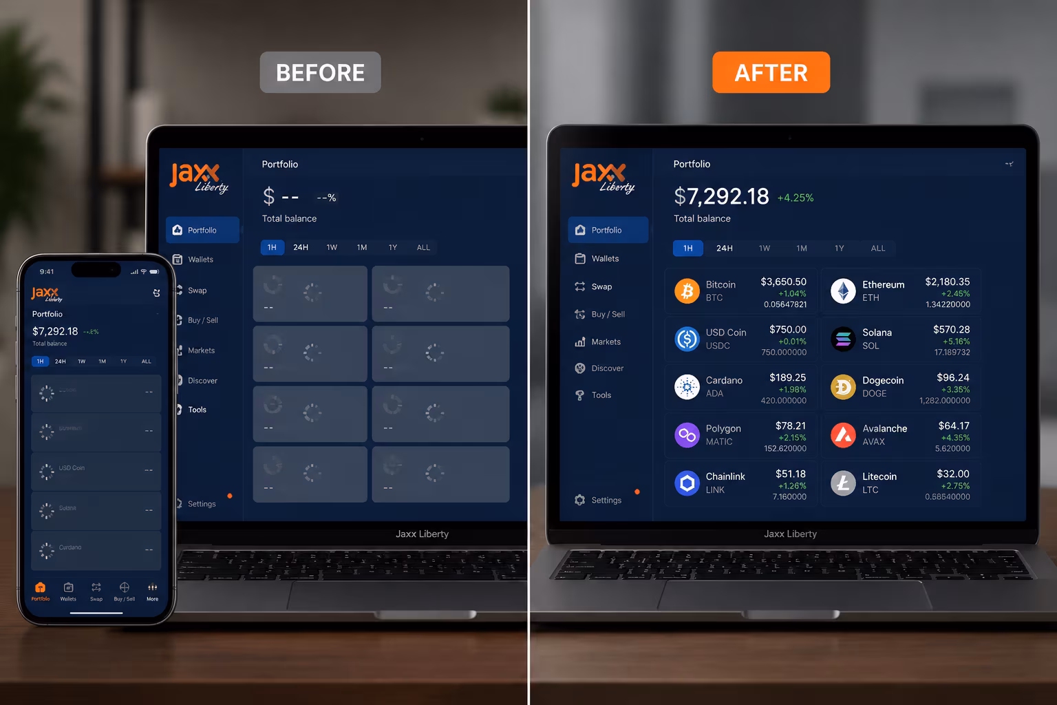 Jaxx Liberty wallet showing delayed balance sync on smartphone screen