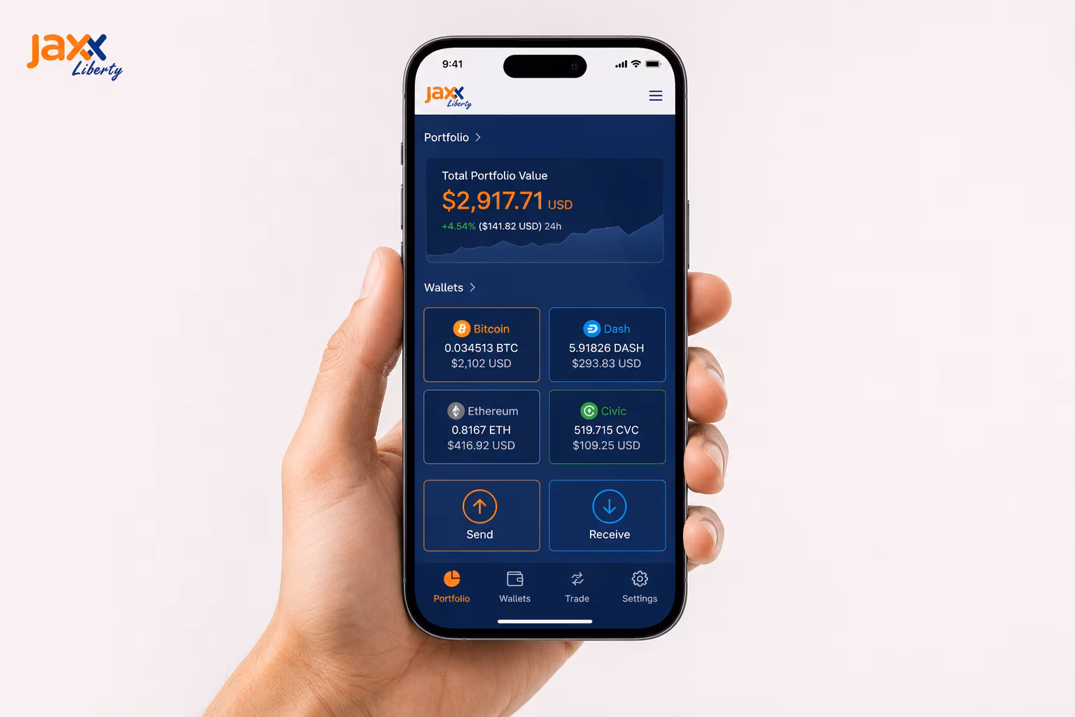 Mobile dashboard showing portfolio balance cards send receive actions